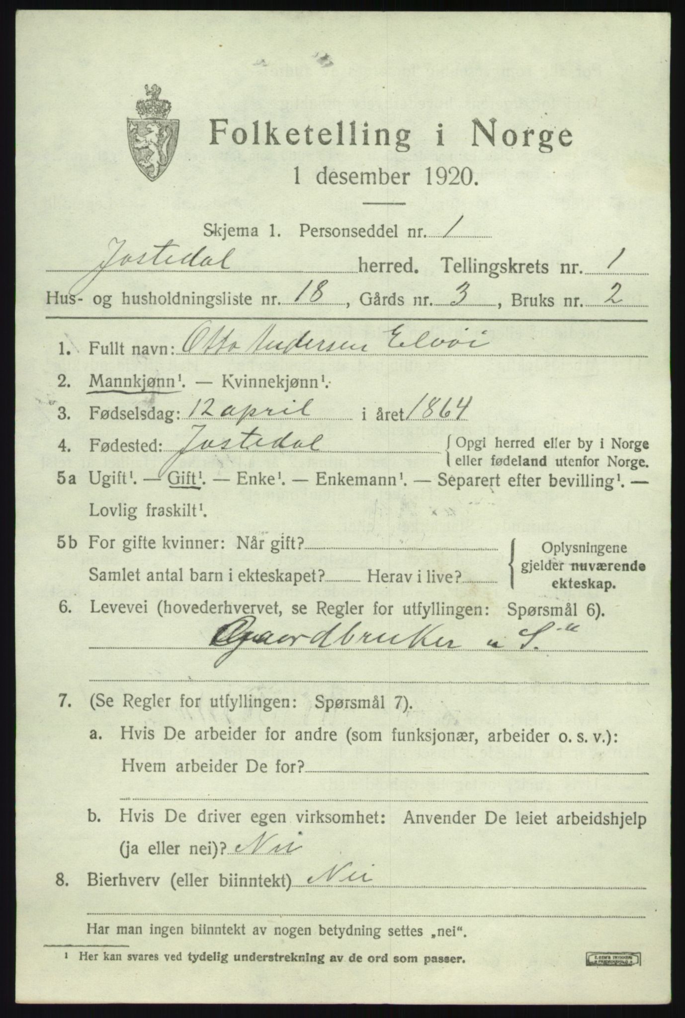 SAB, 1920 census for Jostedal, 1920, p. 558