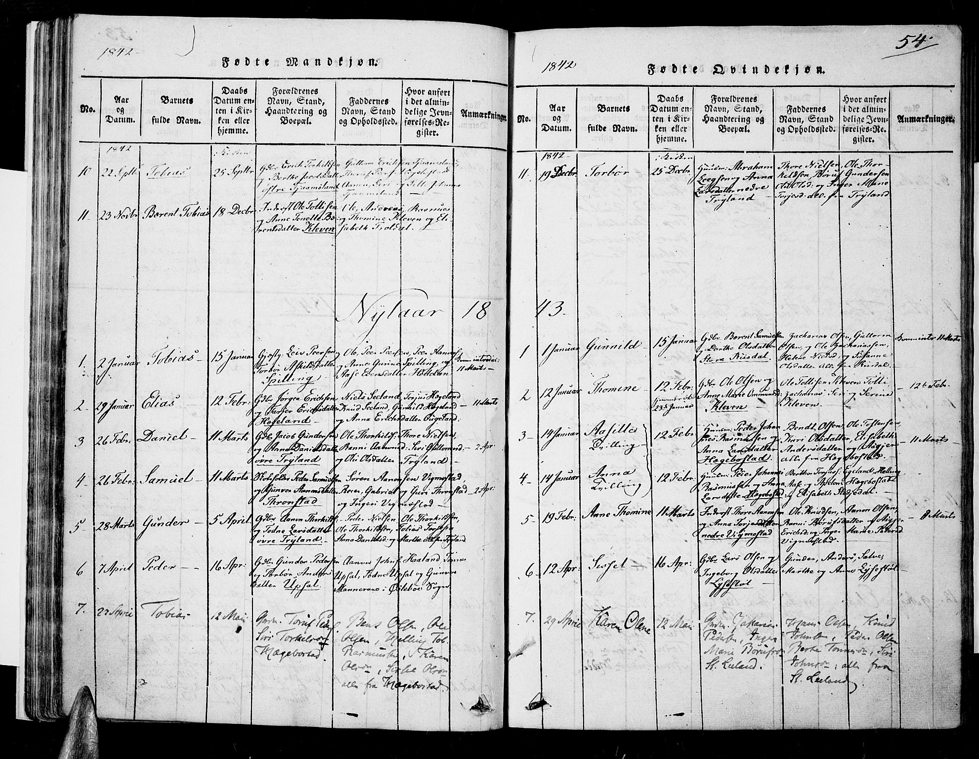 Nord-Audnedal sokneprestkontor, SAK/1111-0032/F/Fa/Fab/L0001: Parish register (official) no. A 1, 1816-1858, p. 54