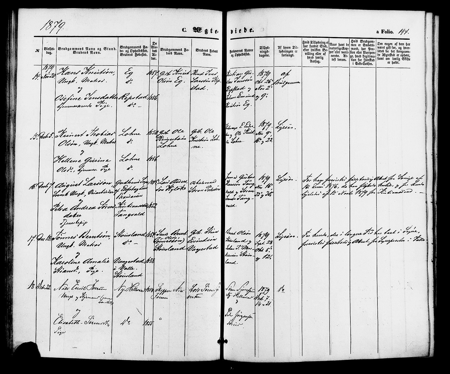 Søgne sokneprestkontor, SAK/1111-0037/F/Fa/Fab/L0011: Parish register (official) no. A 11, 1869-1879, p. 194