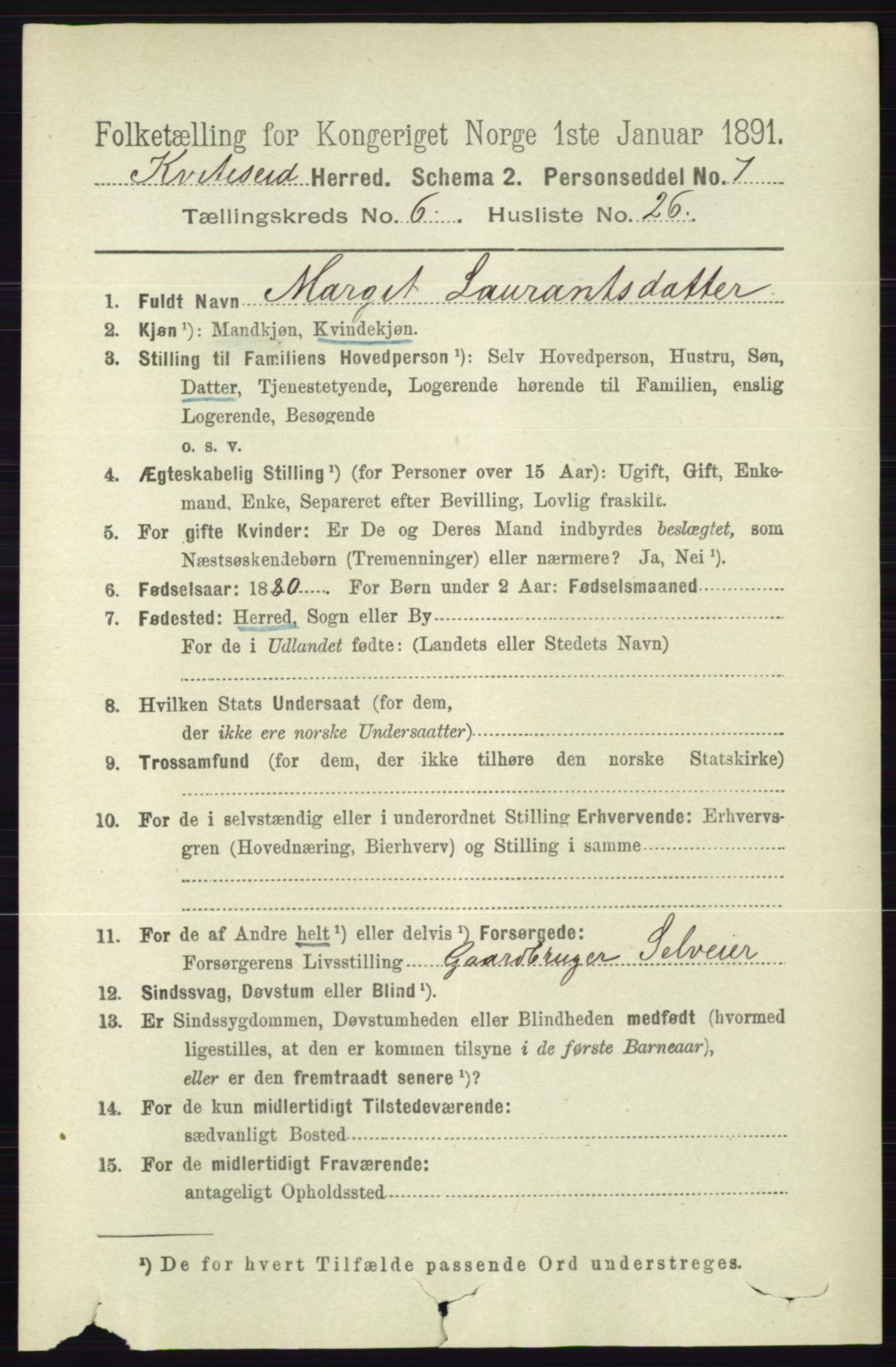 RA, 1891 census for 0829 Kviteseid, 1891, p. 1325