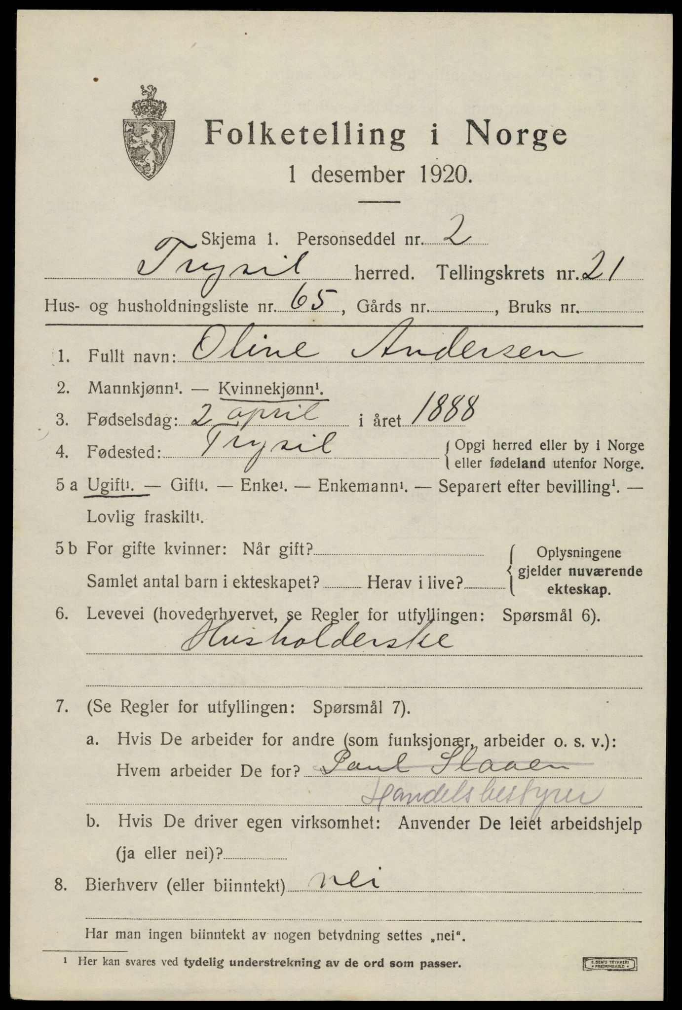 SAH, 1920 census for Trysil, 1920, p. 14539