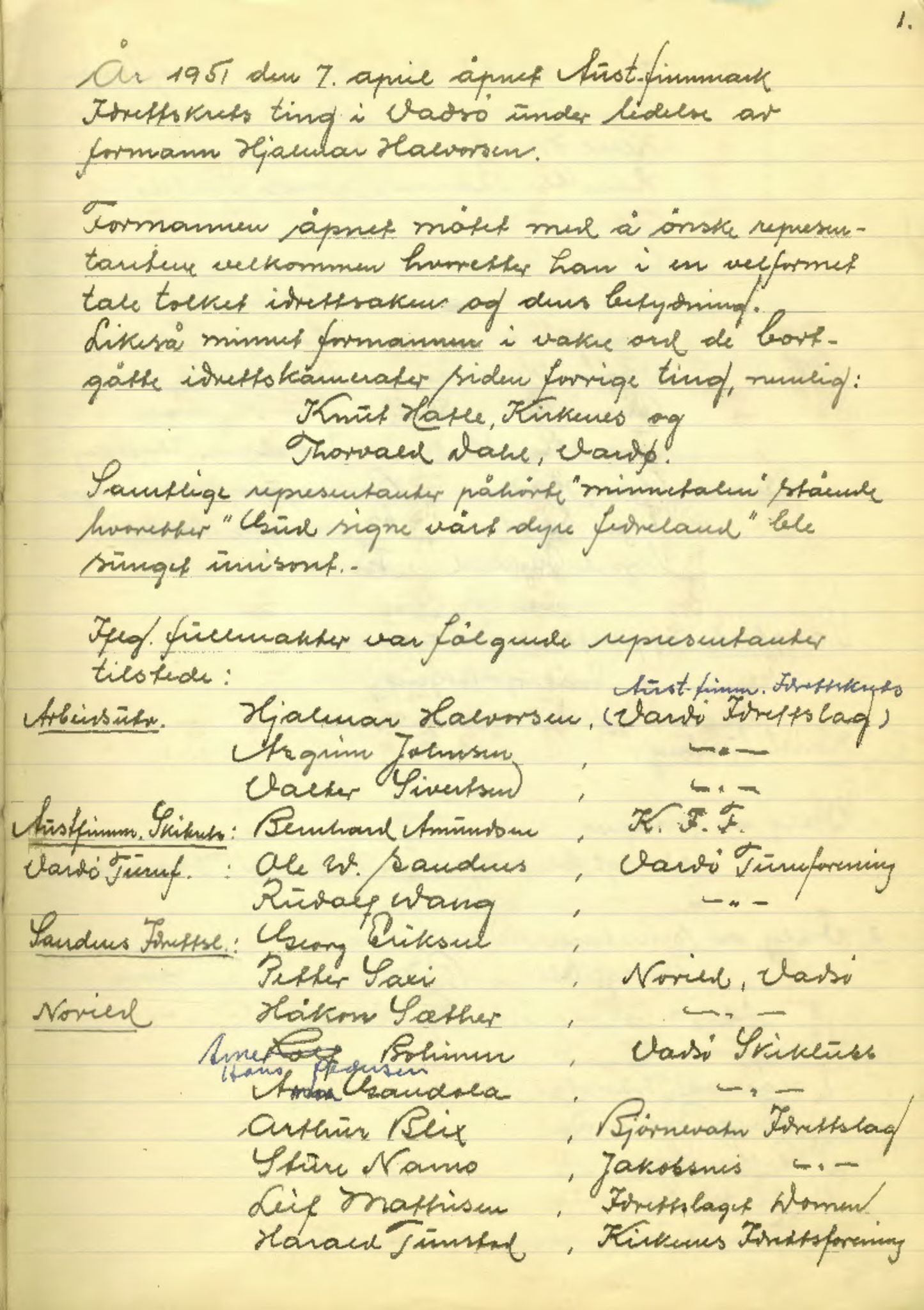 Aust-Finnmark Idrettskrets , FMFB/A-1041/A/L0002: Møteprotokoll for  styre, ting og arbeidsutvalg, 1951-1954, p. 3