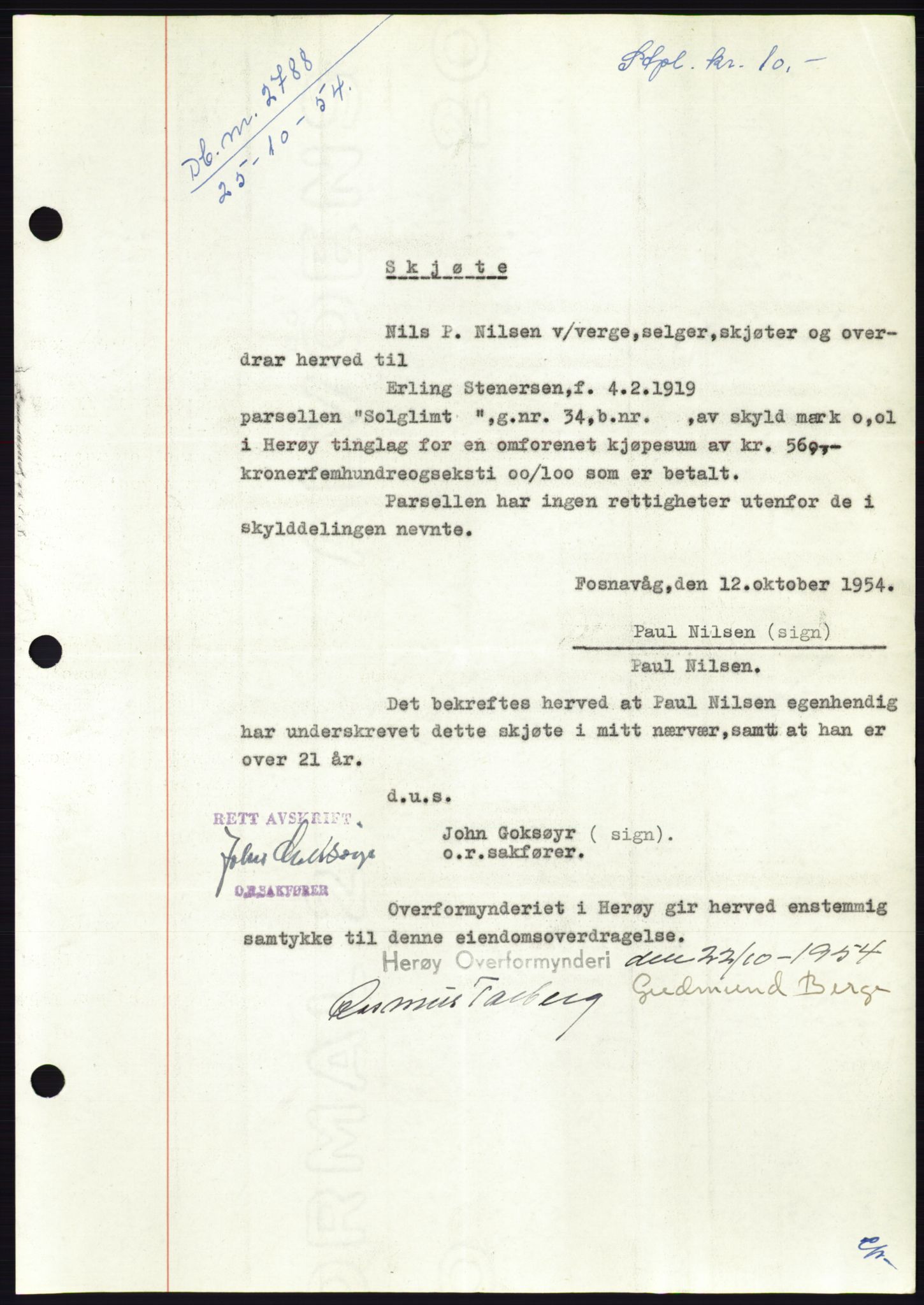 Søre Sunnmøre sorenskriveri, AV/SAT-A-4122/1/2/2C/L0099: Mortgage book no. 25A, 1954-1954, Diary no: : 2788/1954