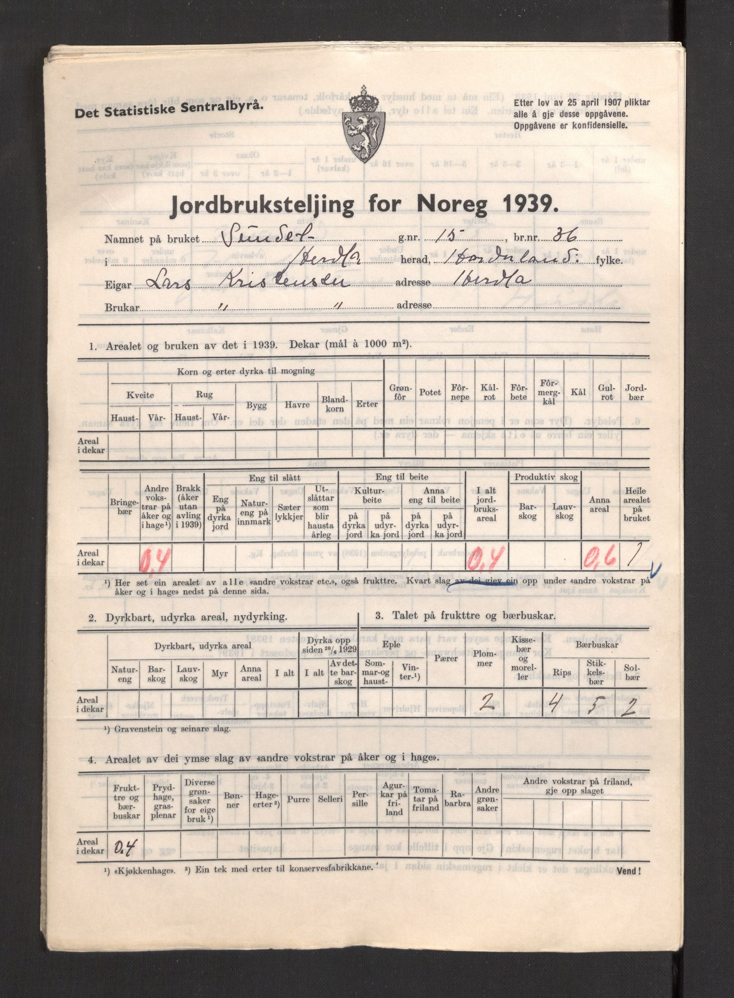 Statistisk sentralbyrå, Næringsøkonomiske emner, Jordbruk, skogbruk, jakt, fiske og fangst, AV/RA-S-2234/G/Gb/L0211: Hordaland: Herdla, Hjelme og Manger, 1939, p. 7