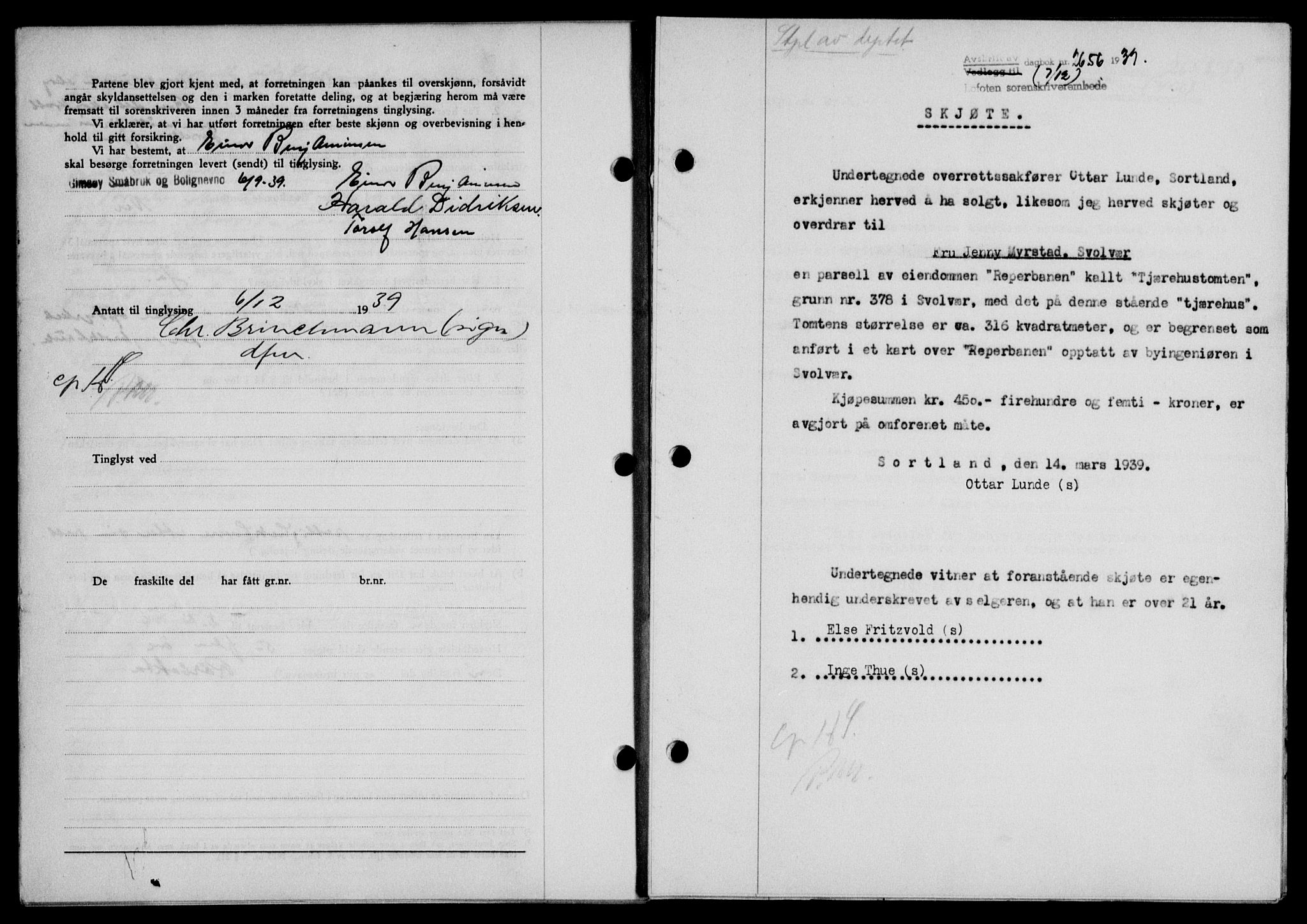 Lofoten sorenskriveri, SAT/A-0017/1/2/2C/L0007a: Mortgage book no. 7a, 1939-1940, Diary no: : 2656/1939