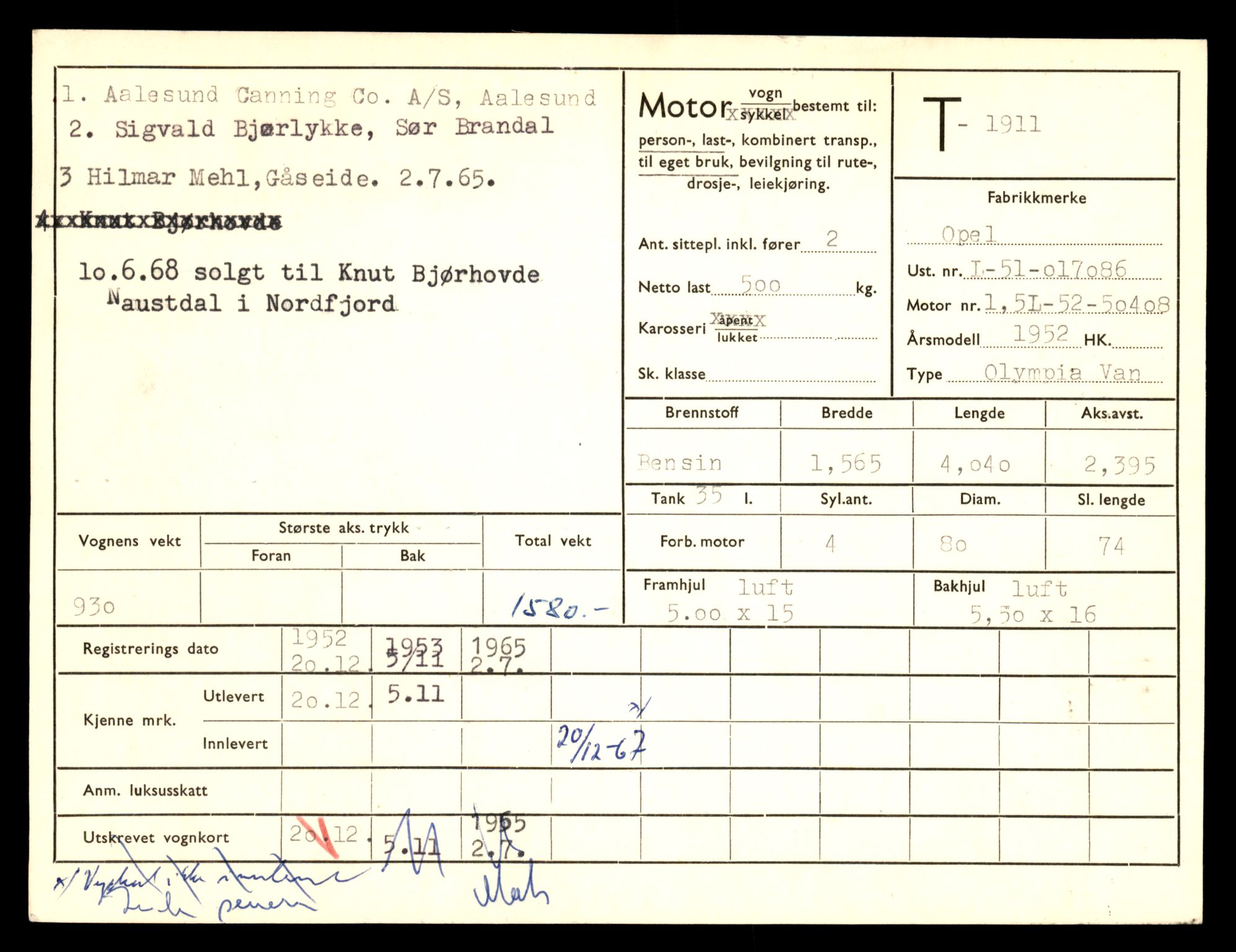 Møre og Romsdal vegkontor - Ålesund trafikkstasjon, AV/SAT-A-4099/F/Fe/L0016: Registreringskort for kjøretøy T 1851 - T 1984, 1927-1998, p. 1313