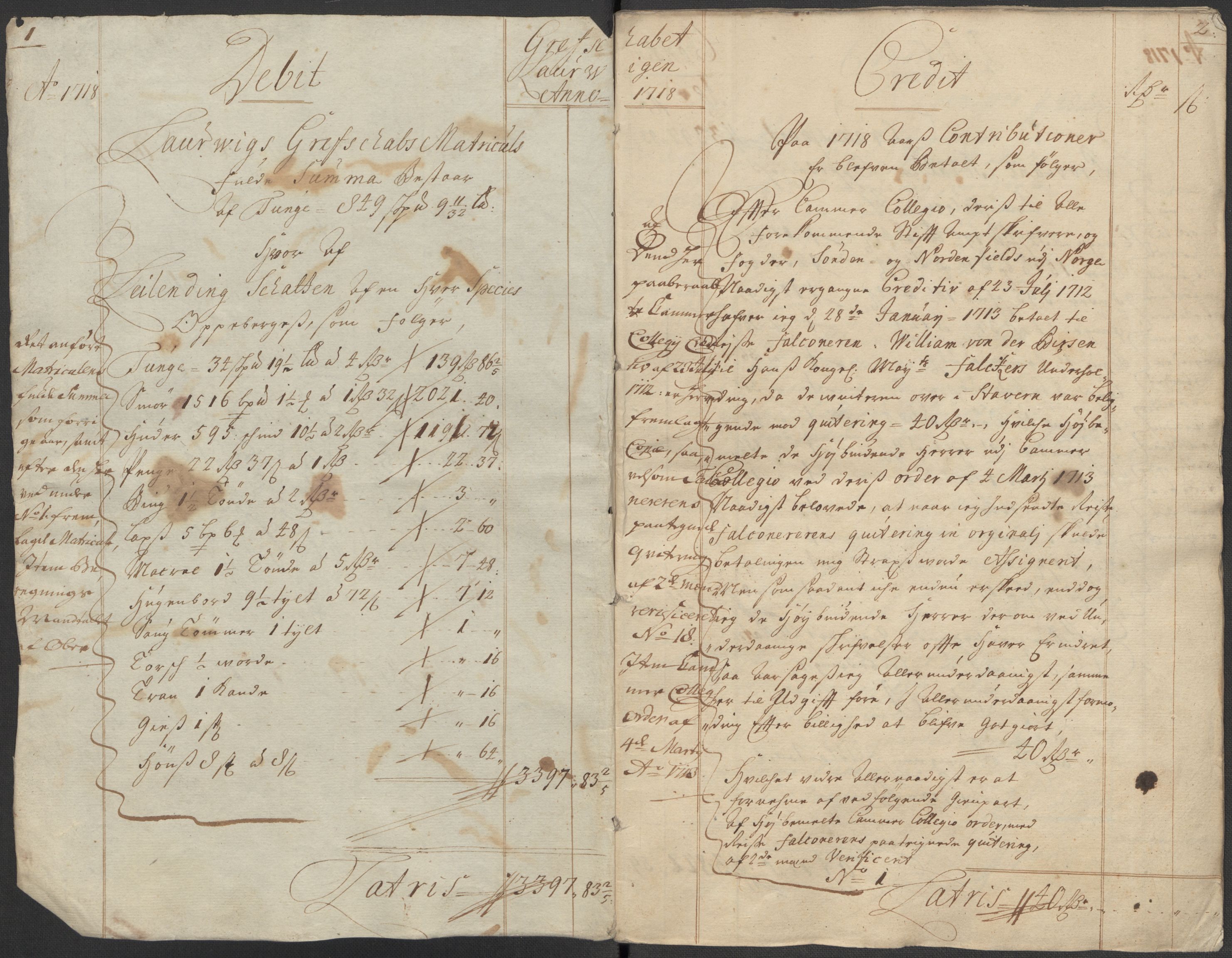Rentekammeret inntil 1814, Reviderte regnskaper, Fogderegnskap, RA/EA-4092/R33/L1988: Fogderegnskap Larvik grevskap, 1718, p. 4