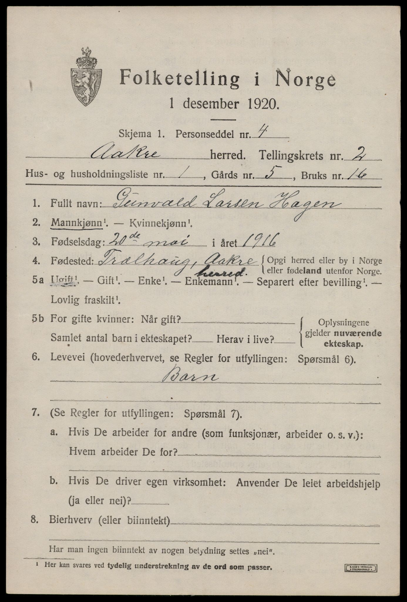 SAST, 1920 census for Åkra, 1920, p. 2958