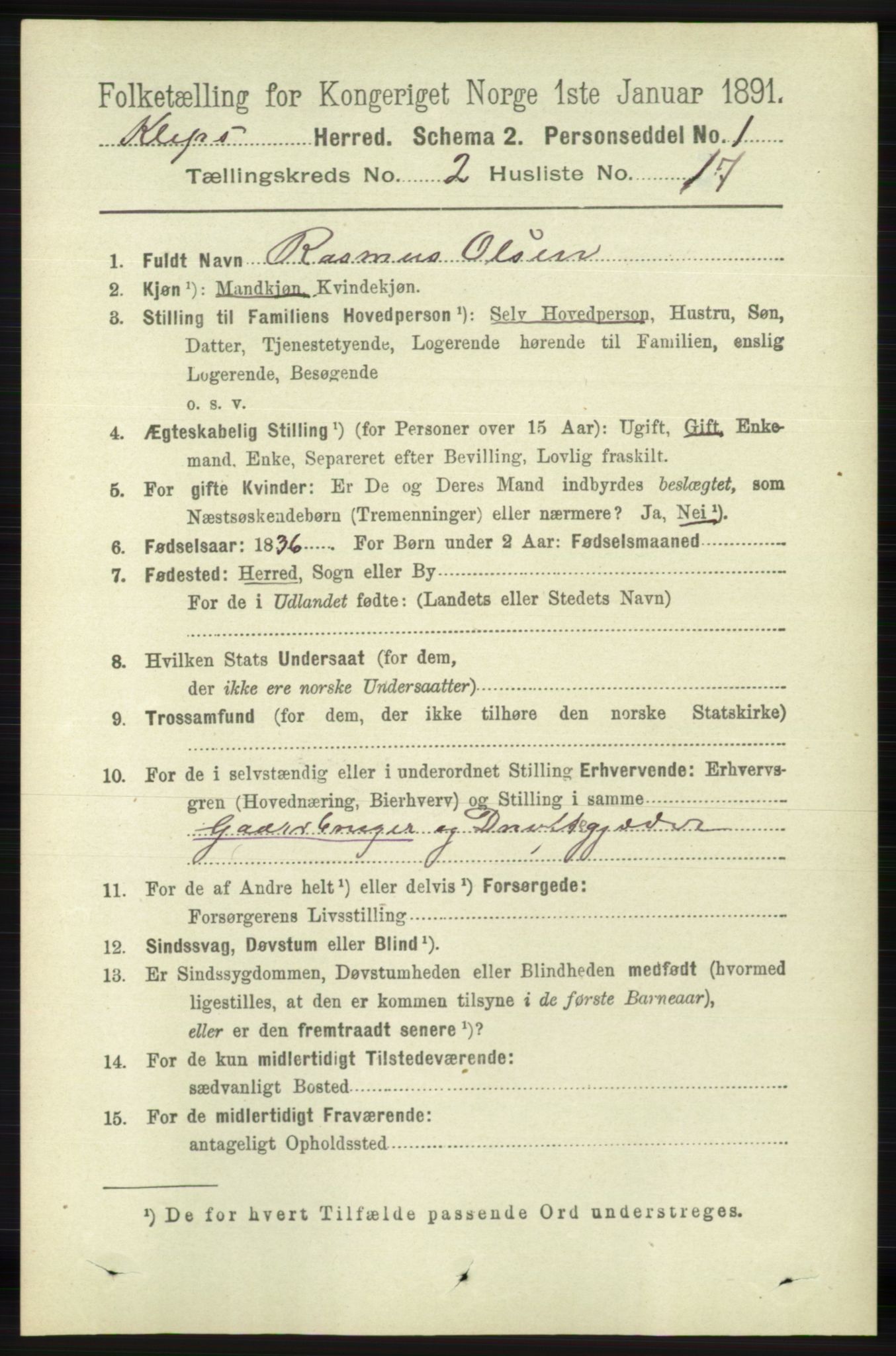 RA, 1891 census for 1120 Klepp, 1891, p. 429