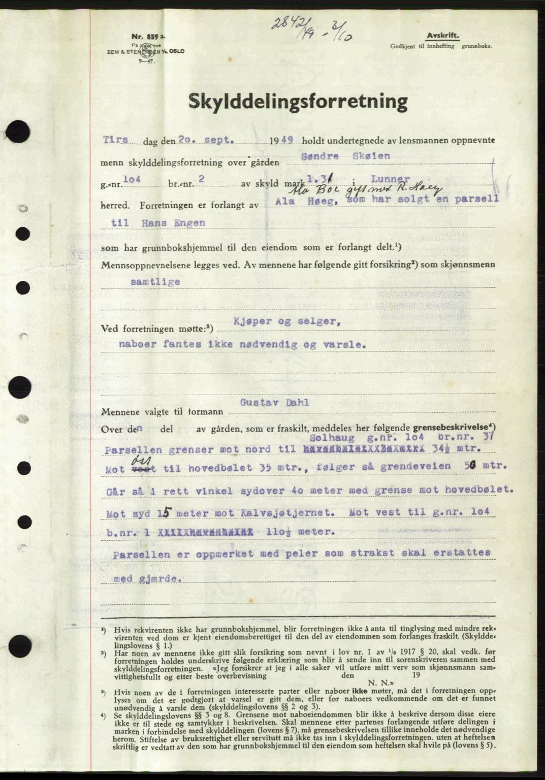 Hadeland og Land tingrett, AV/SAH-TING-010/H/Hb/Hbb/L0100: Mortgage book no. A100, 1949-1949, Diary no: : 2842/1949