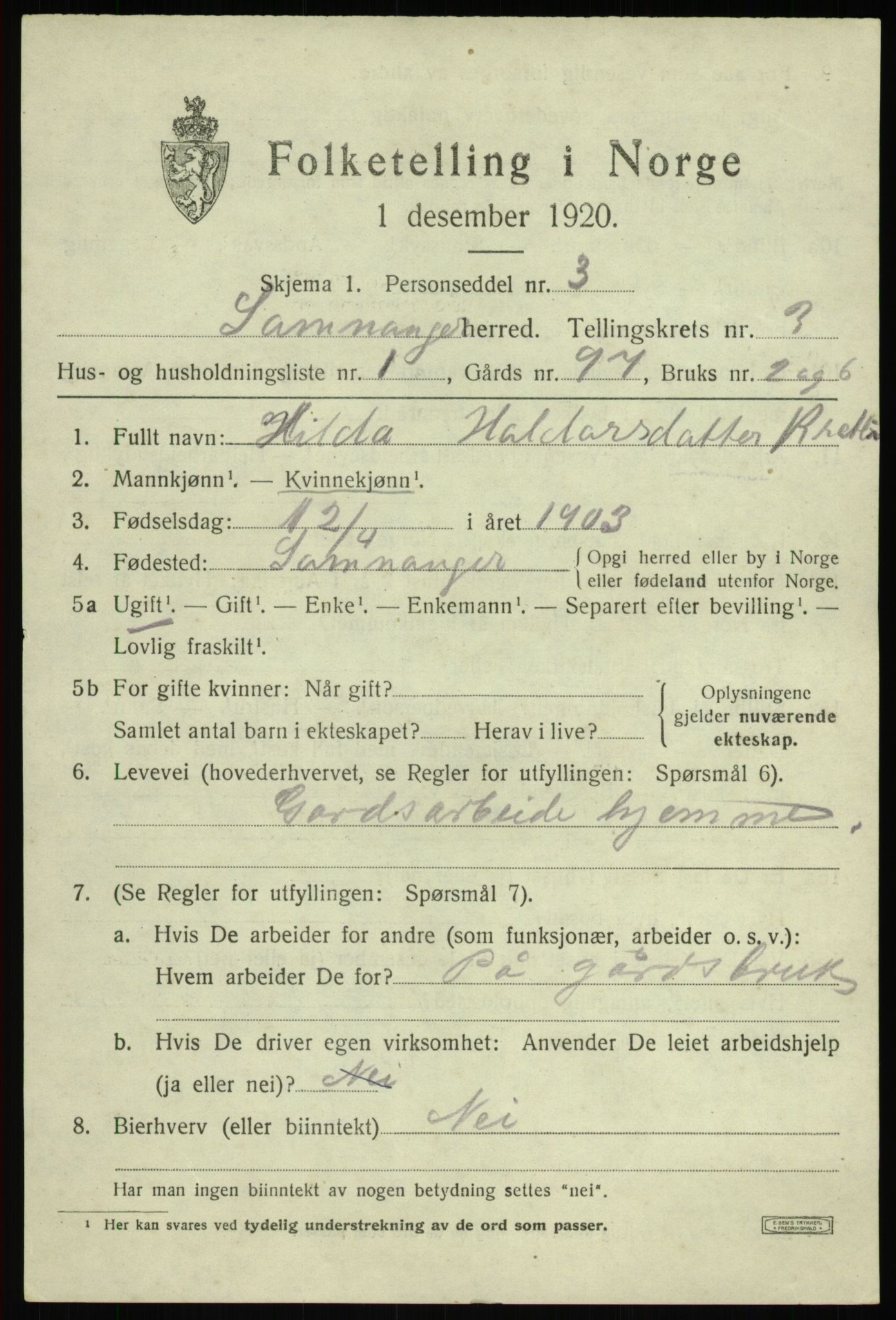 SAB, 1920 census for Samnanger, 1920, p. 1501