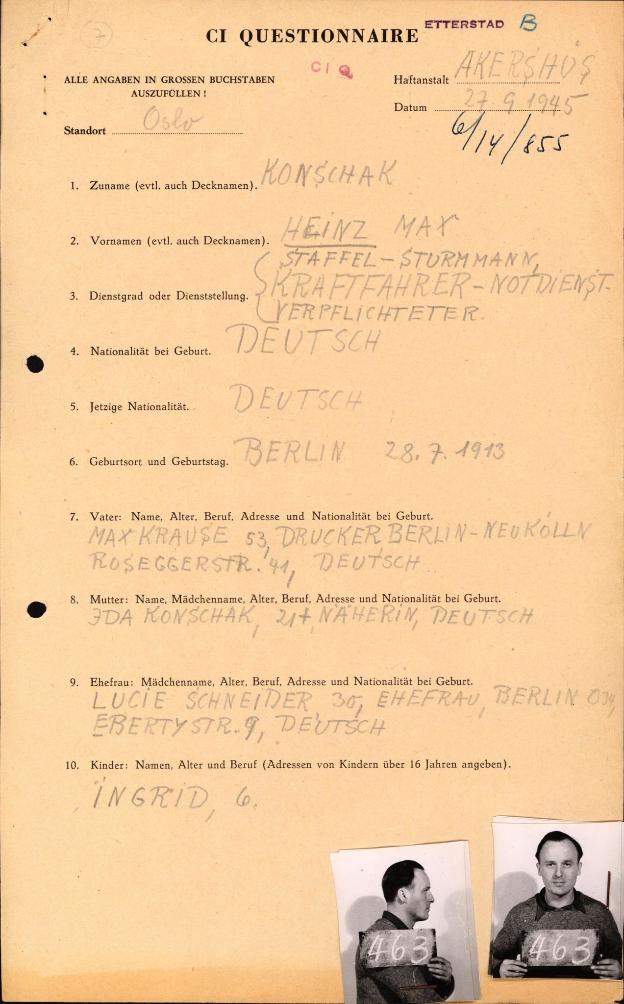 Forsvaret, Forsvarets overkommando II, AV/RA-RAFA-3915/D/Db/L0017: CI Questionaires. Tyske okkupasjonsstyrker i Norge. Tyskere., 1945-1946, p. 490