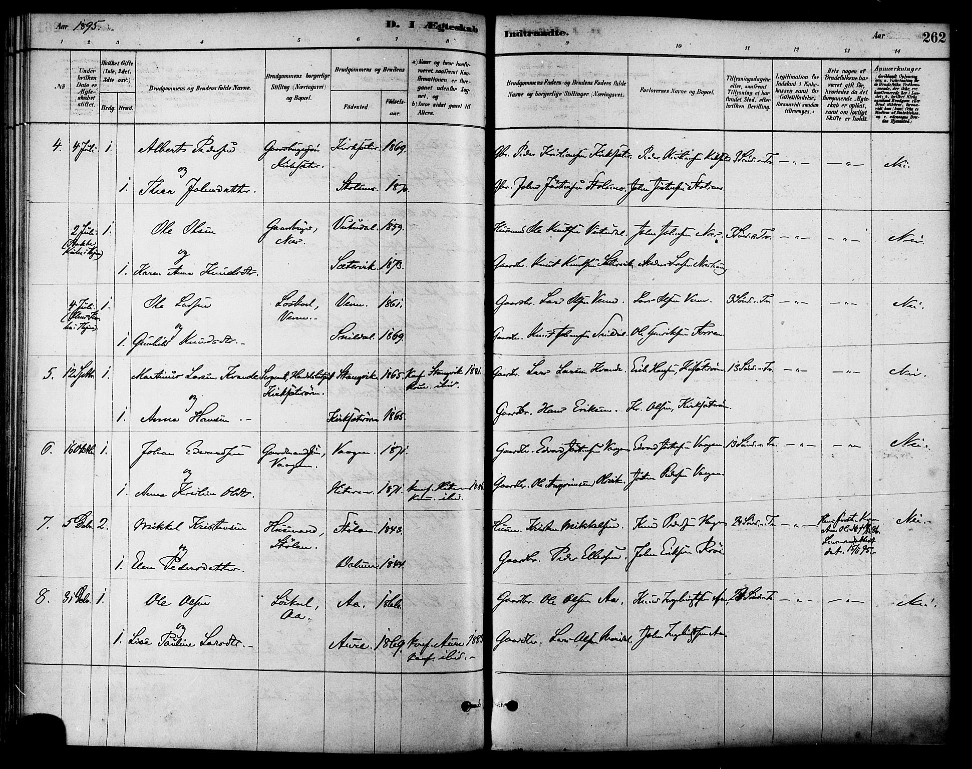 Ministerialprotokoller, klokkerbøker og fødselsregistre - Sør-Trøndelag, SAT/A-1456/630/L0496: Parish register (official) no. 630A09, 1879-1895, p. 262