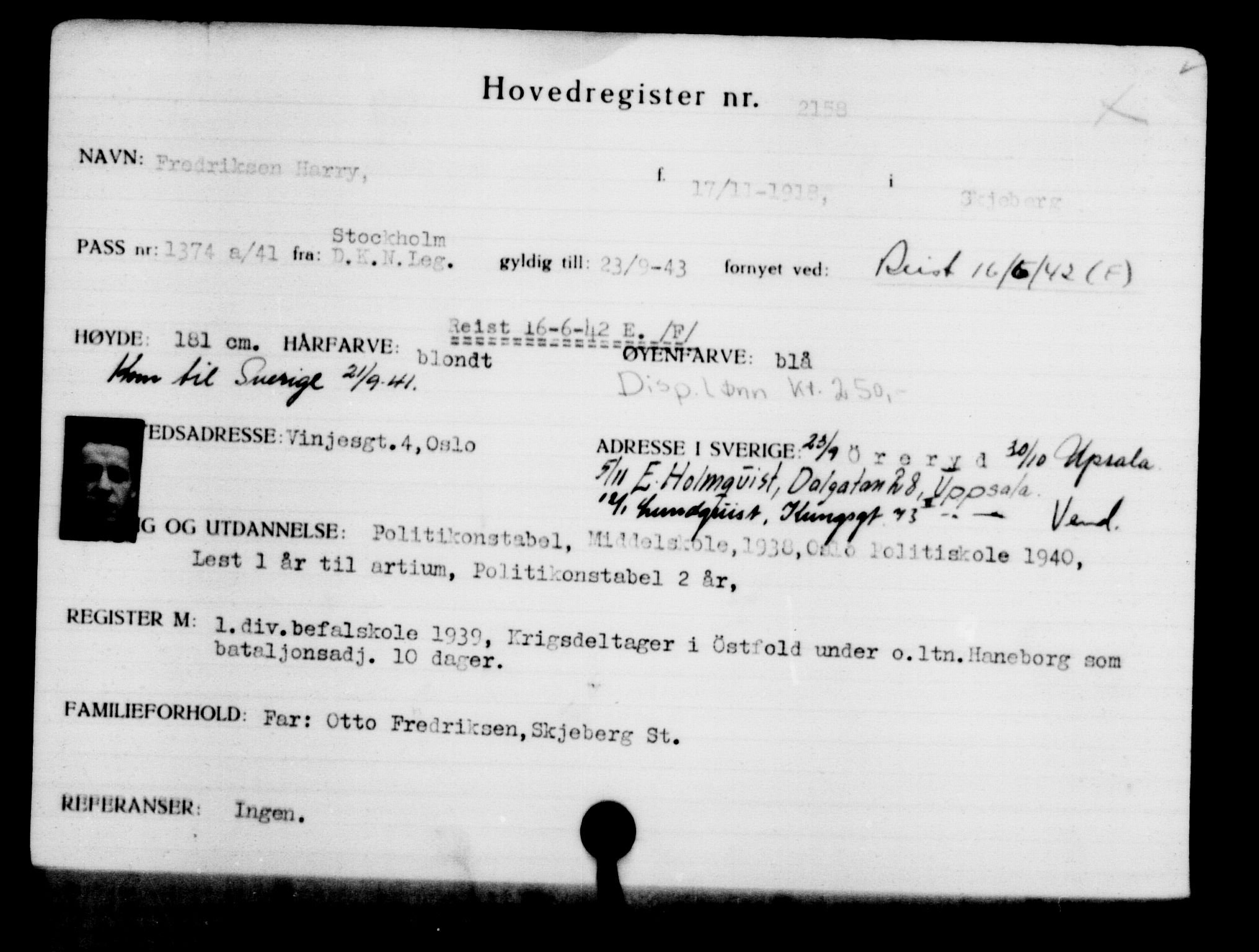 Utenriksstasjonene, Legasjonen i Stockholm, Flyktningkontoret, AV/RA-S-6753/V/Va/L0003: Kjesäterkartoteket, flyktninger med registreringsnr. 2001-3495, 1940-1945, p. 219