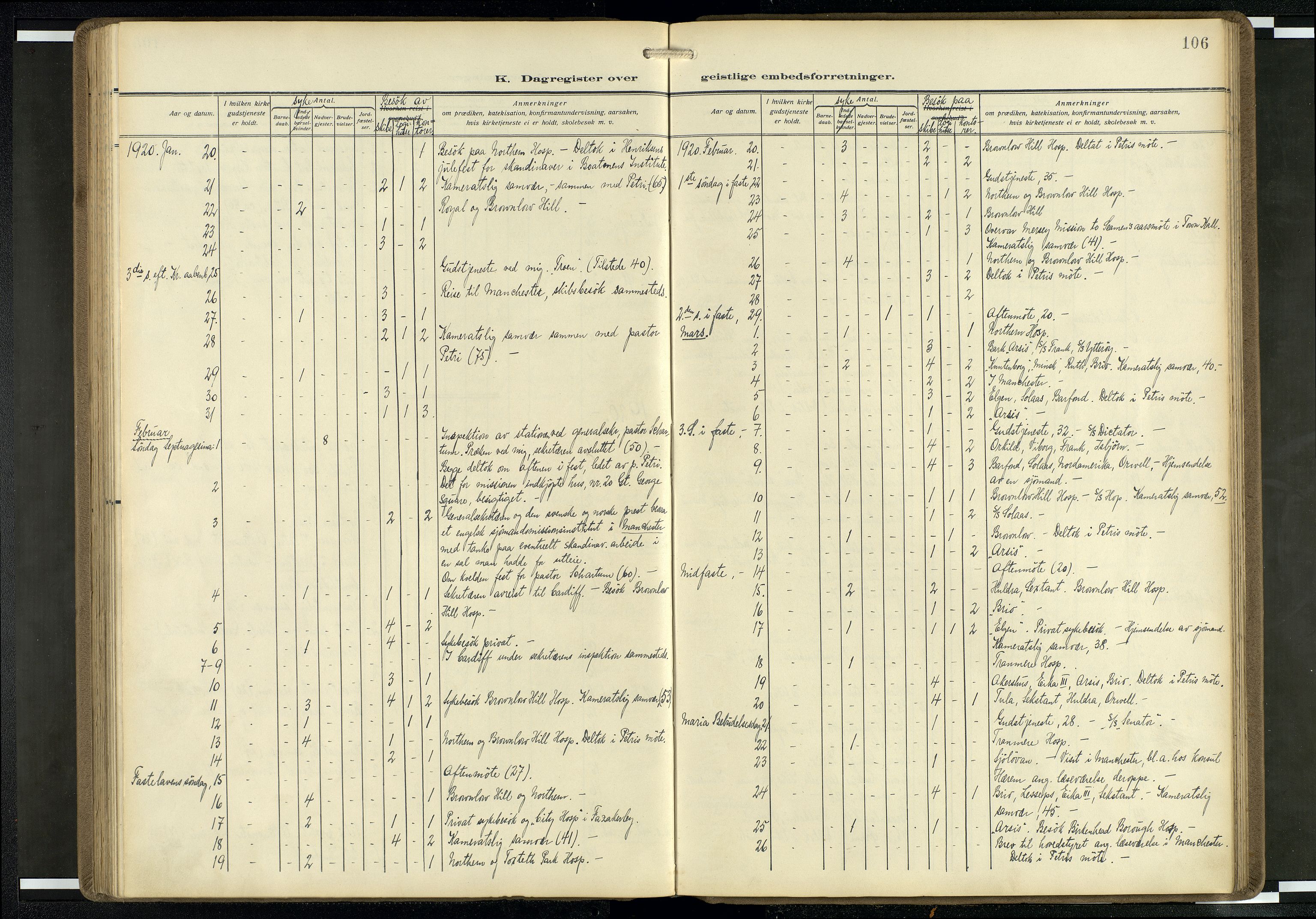 Den norske sjømannsmisjon i utlandet/Mersey-havnene (Liverpool), SAB/SAB/PA-0104/H/Ha/L0001: Parish register (official) no. A 1, 1919-1954, p. 105b-106a