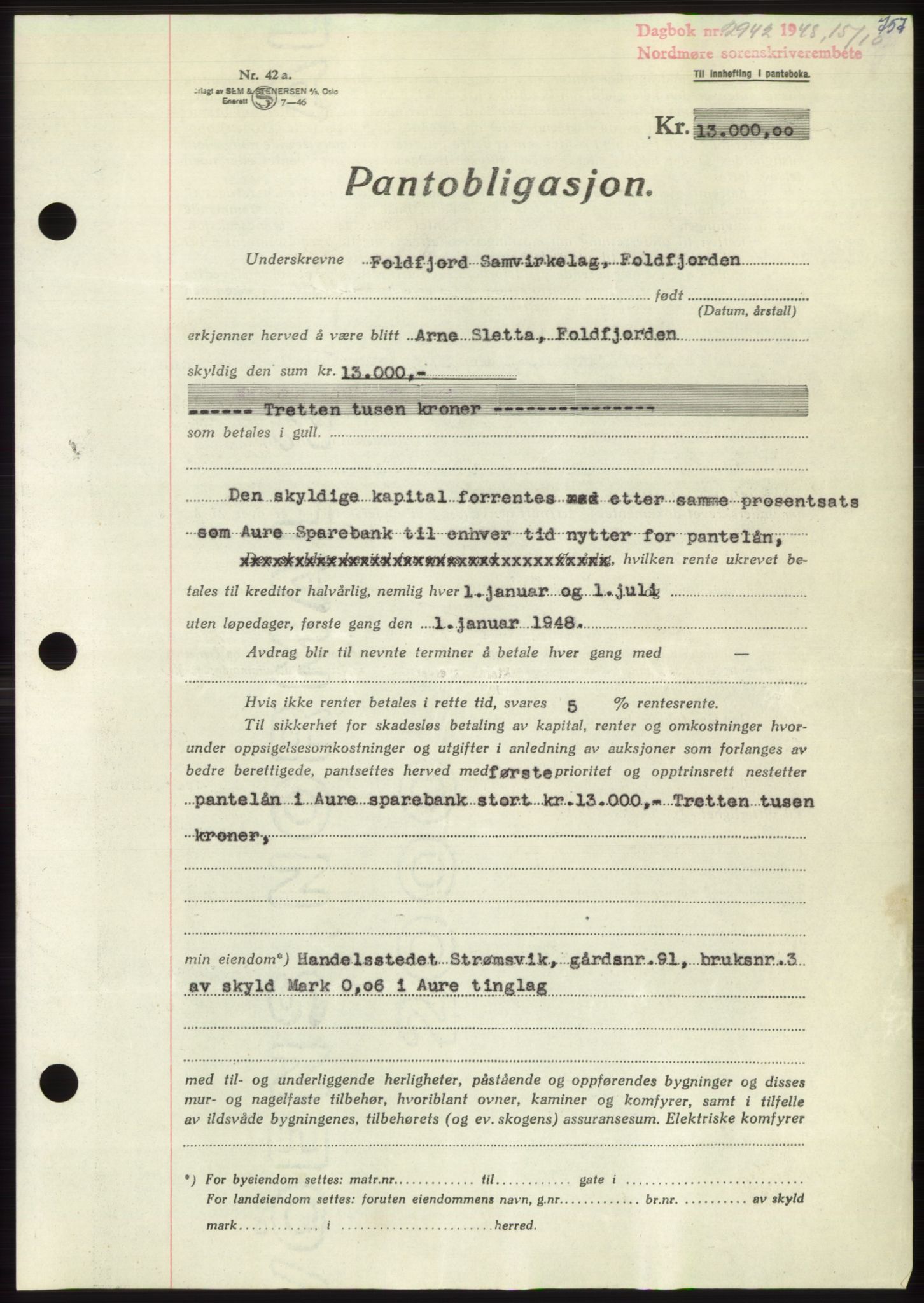 Nordmøre sorenskriveri, AV/SAT-A-4132/1/2/2Ca: Mortgage book no. B99, 1948-1948, Diary no: : 2942/1948