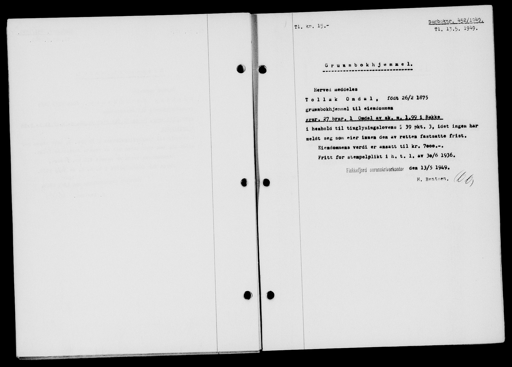 Flekkefjord sorenskriveri, SAK/1221-0001/G/Gb/Gba/L0065: Mortgage book no. A-13, 1949-1949, Diary no: : 452/1949