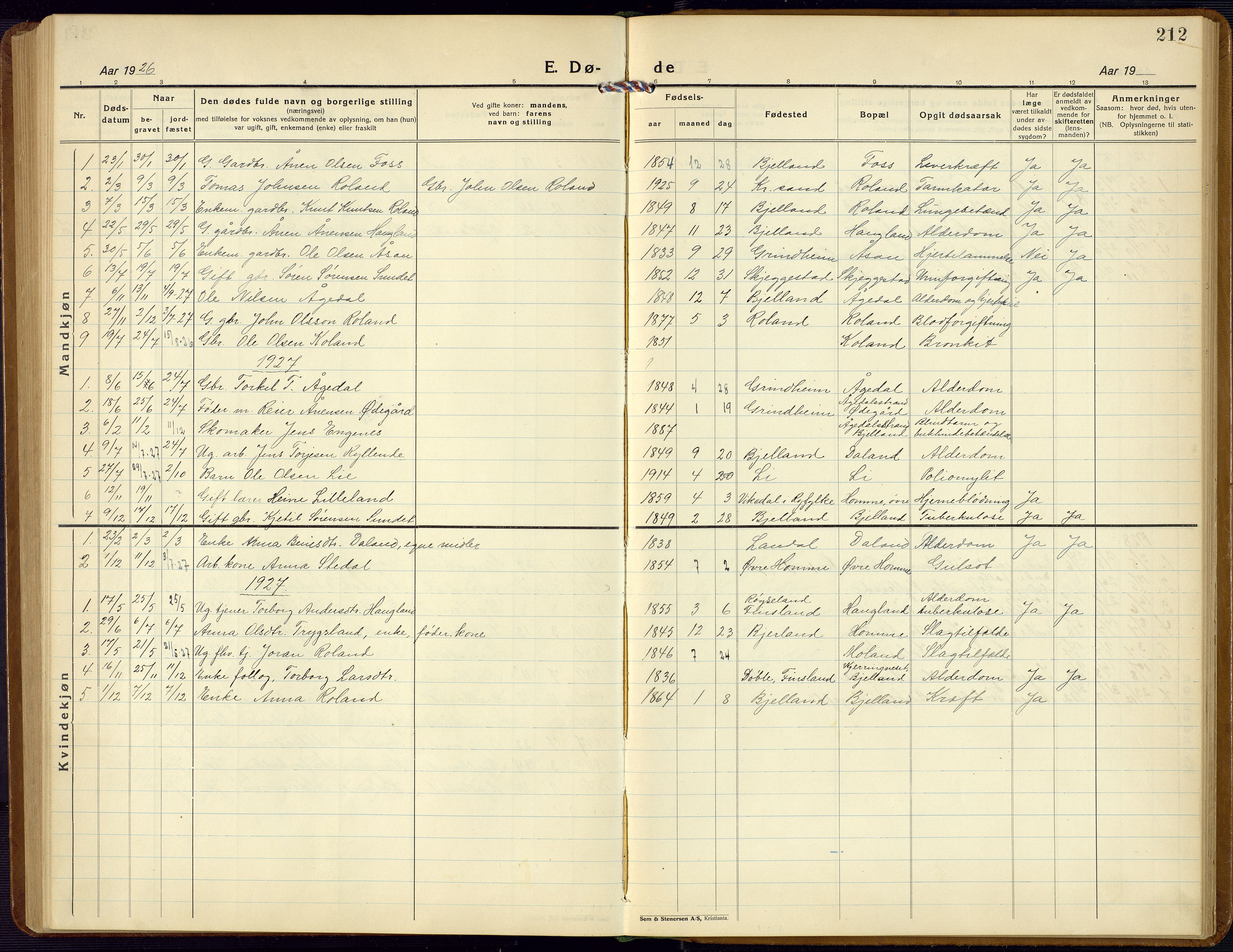 Bjelland sokneprestkontor, SAK/1111-0005/F/Fb/Fba/L0006: Parish register (copy) no. B 6, 1923-1956, p. 212
