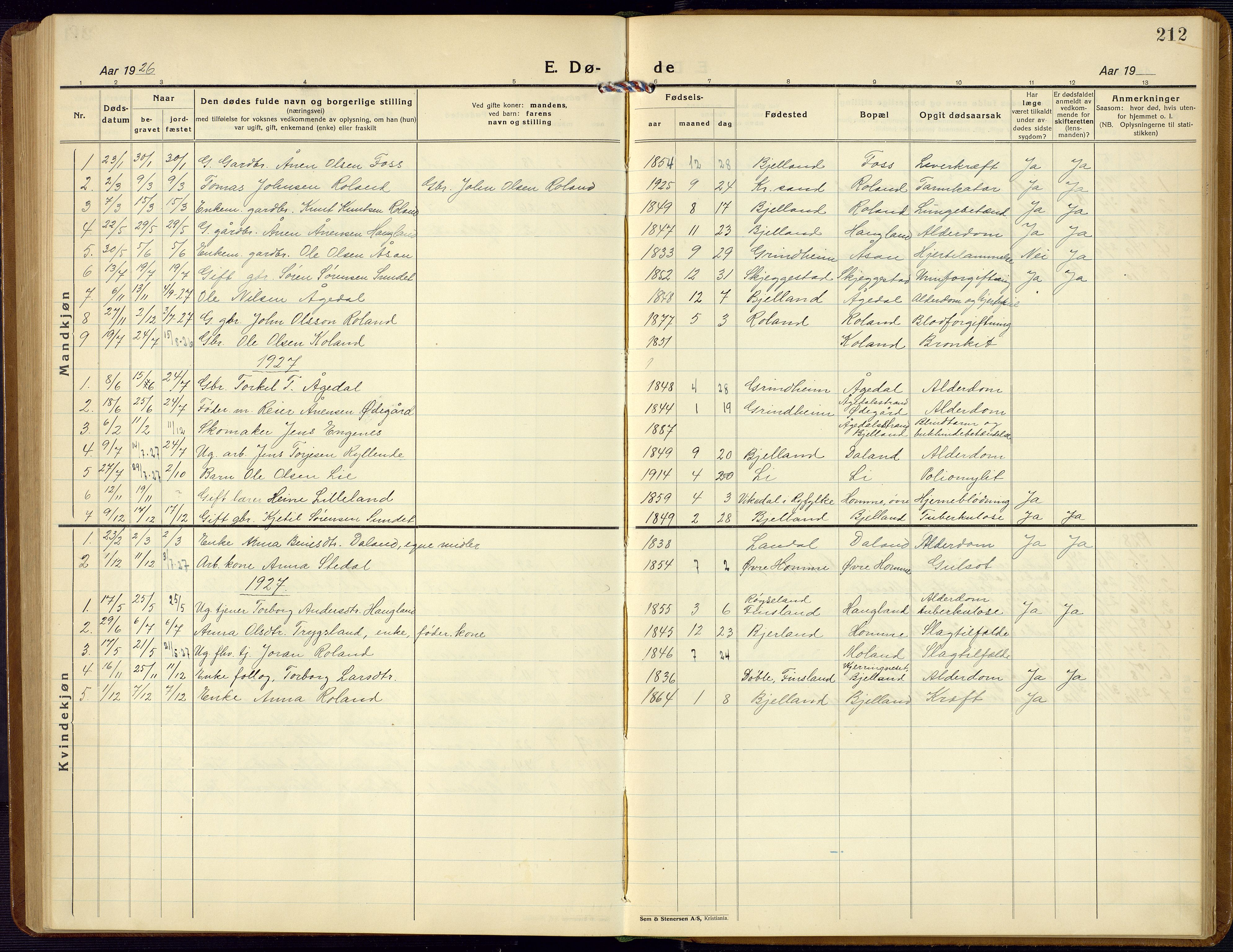 Bjelland sokneprestkontor, AV/SAK-1111-0005/F/Fb/Fba/L0006: Parish register (copy) no. B 6, 1923-1956, p. 212