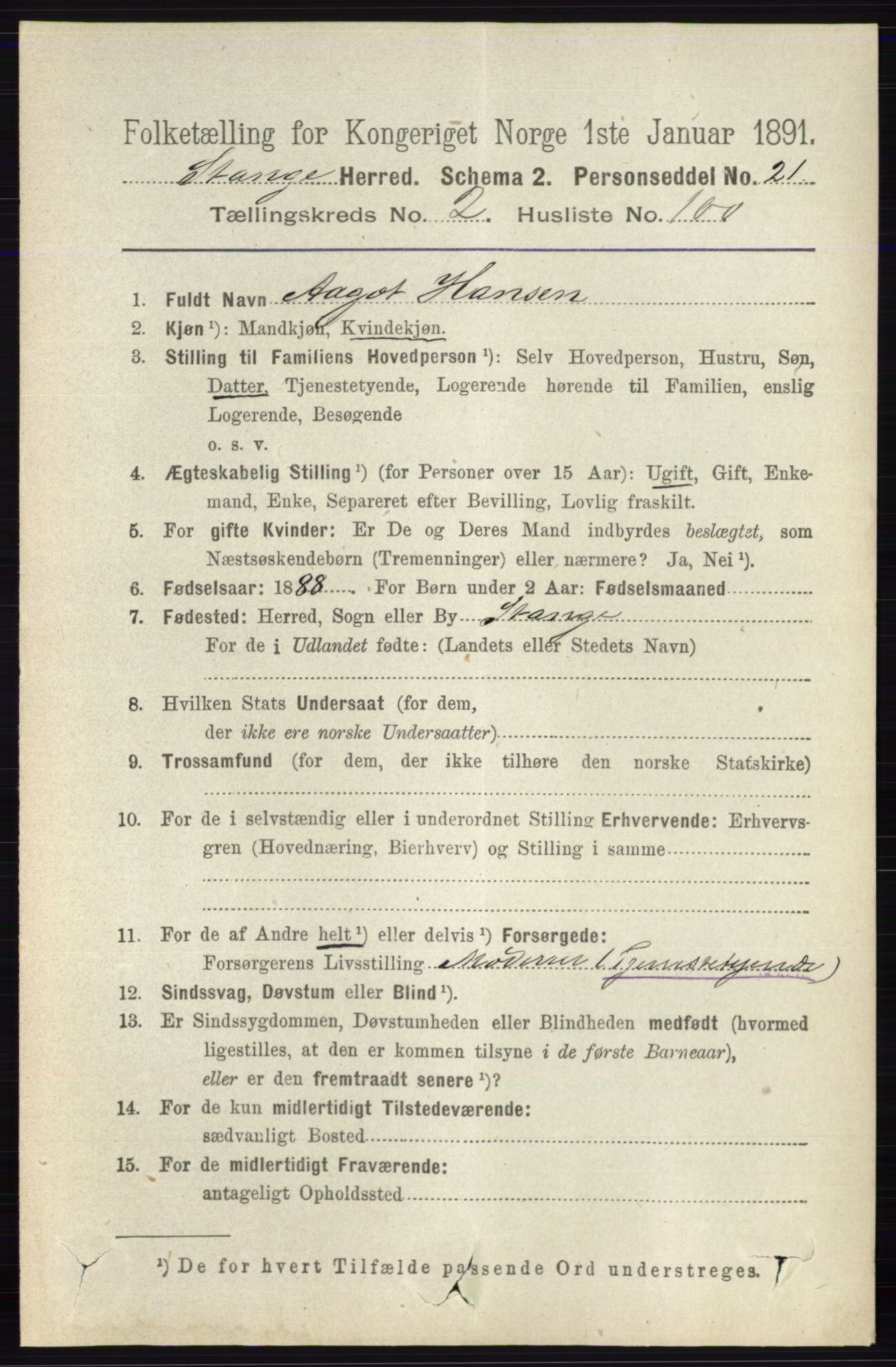 RA, 1891 census for 0417 Stange, 1891, p. 1526