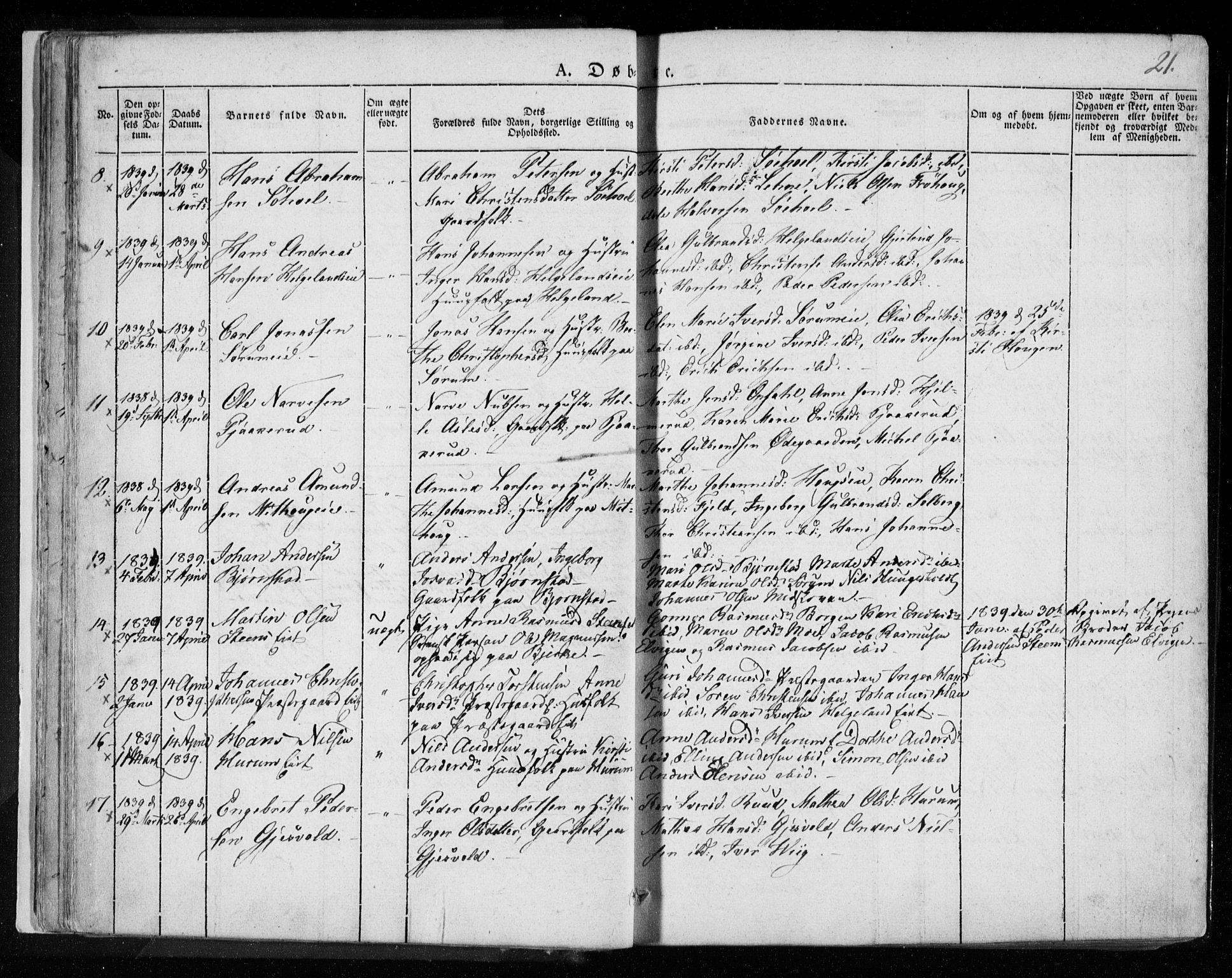 Hole kirkebøker, AV/SAKO-A-228/F/Fa/L0005: Parish register (official) no. I 5, 1833-1851, p. 21