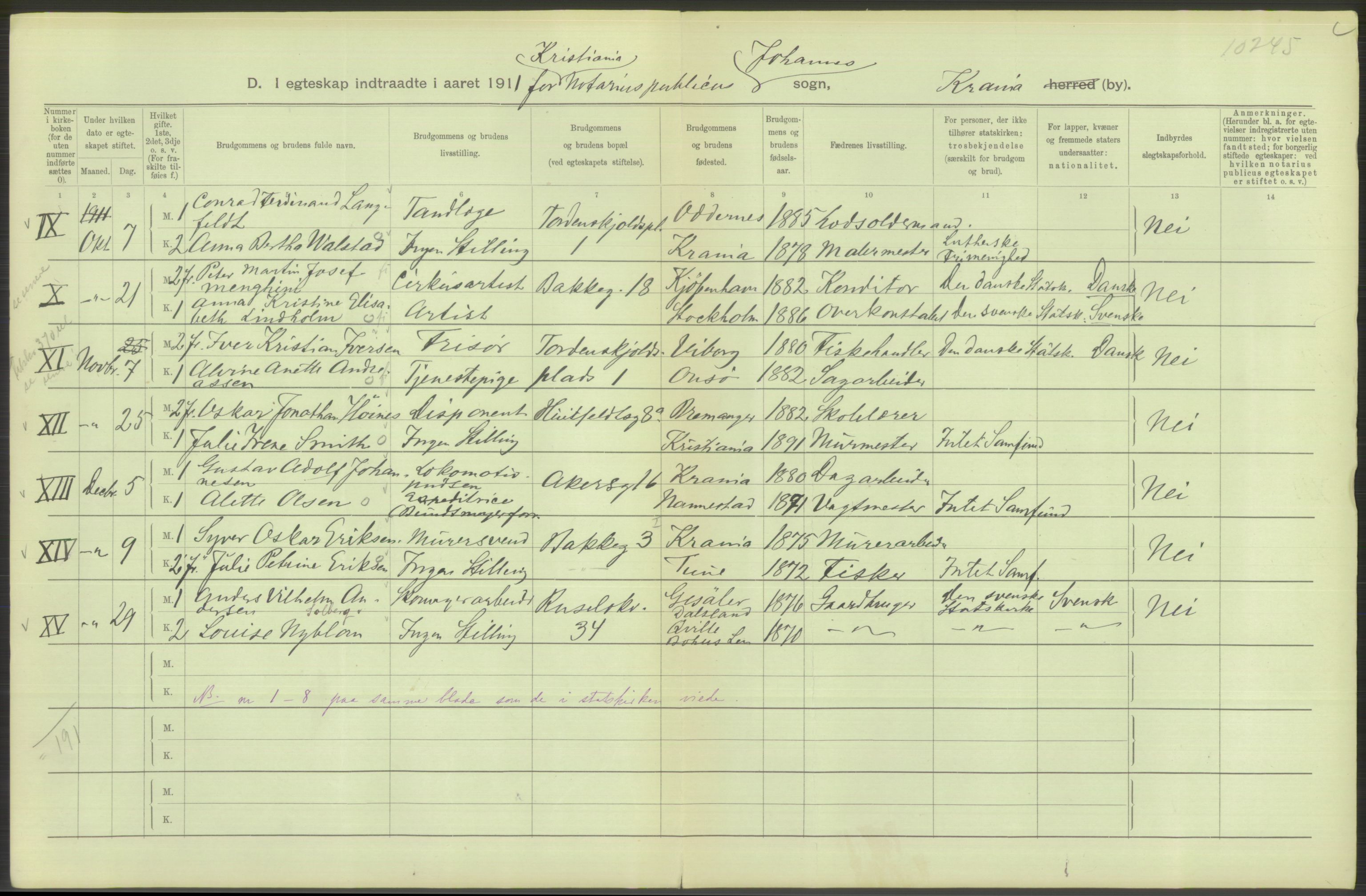 Statistisk sentralbyrå, Sosiodemografiske emner, Befolkning, AV/RA-S-2228/D/Df/Dfb/Dfba/L0008: Kristiania: Gifte, 1911, p. 480