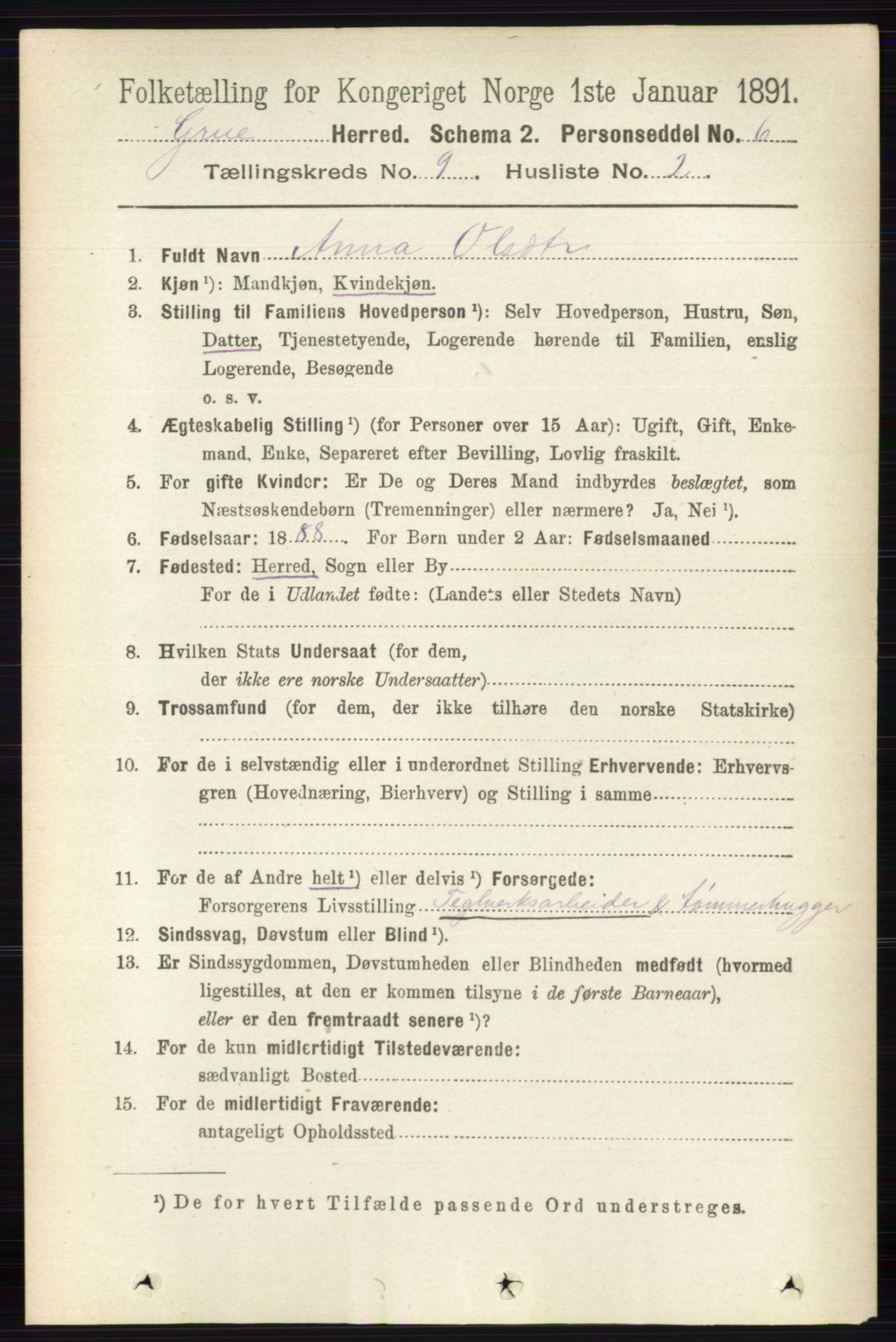 RA, 1891 census for 0423 Grue, 1891, p. 4892