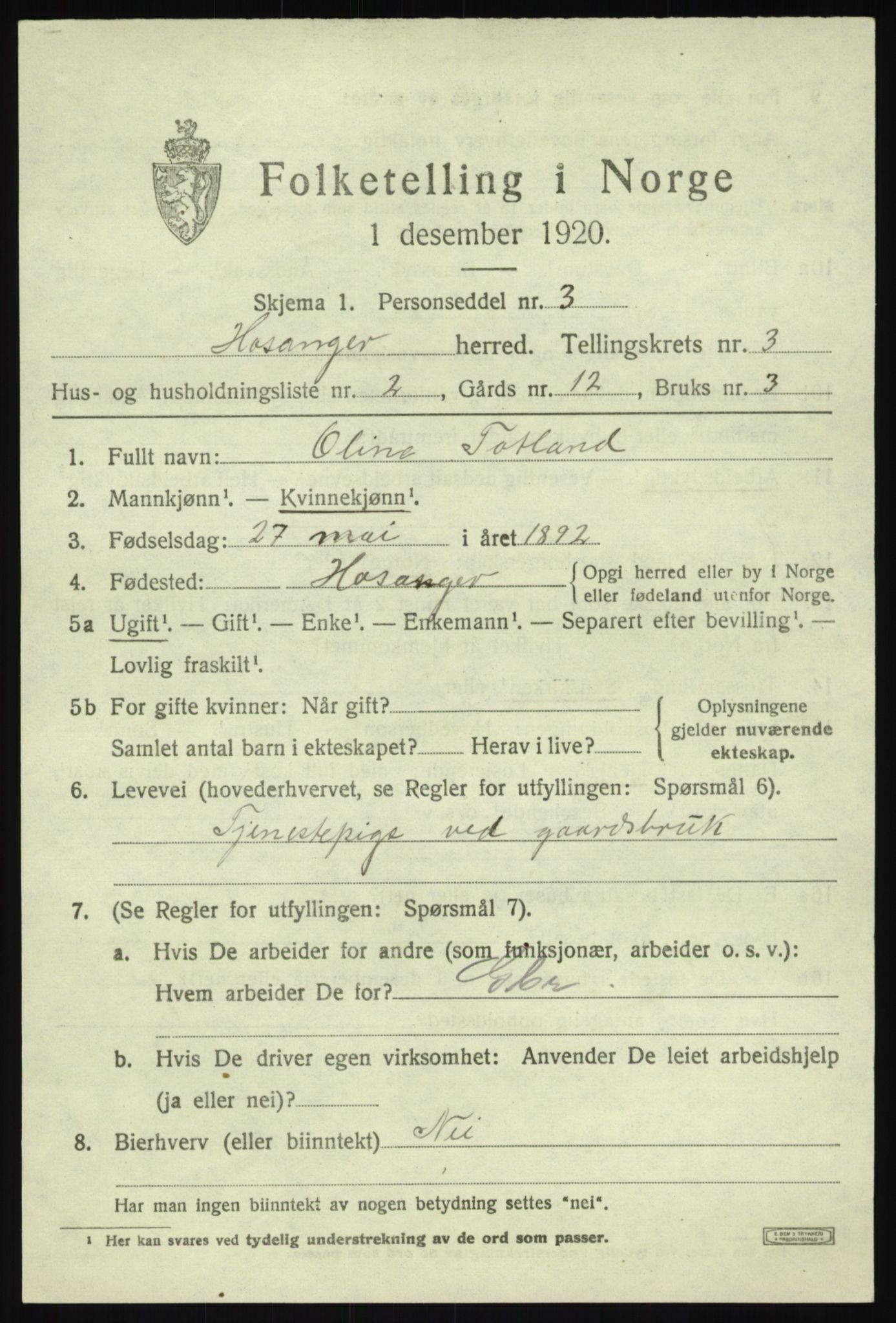 SAB, 1920 census for Hosanger, 1920, p. 1481