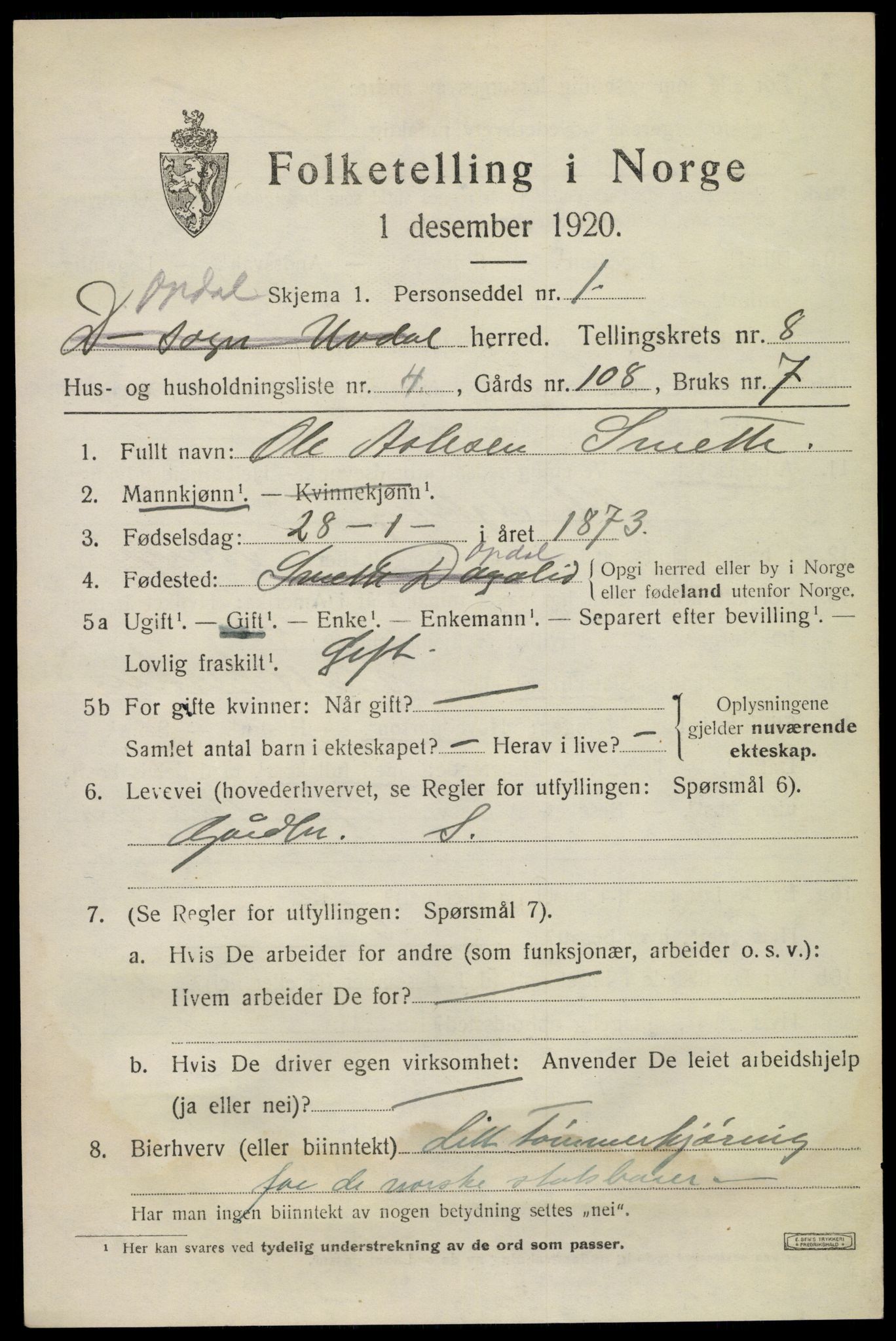 SAKO, 1920 census for Uvdal, 1920, p. 3087