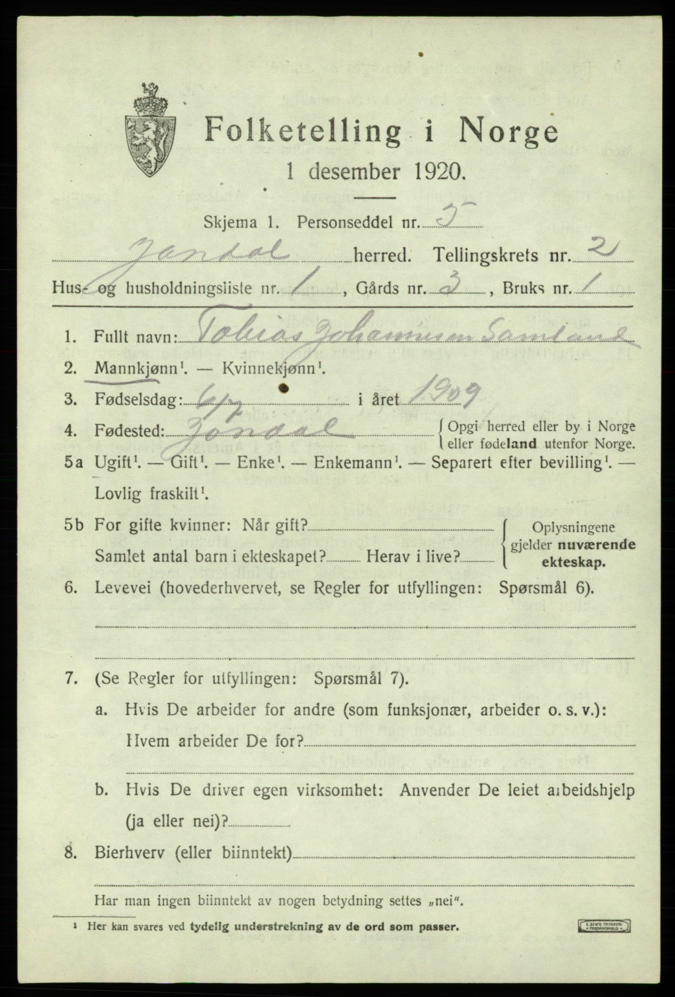 SAB, 1920 census for Jondal, 1920, p. 964