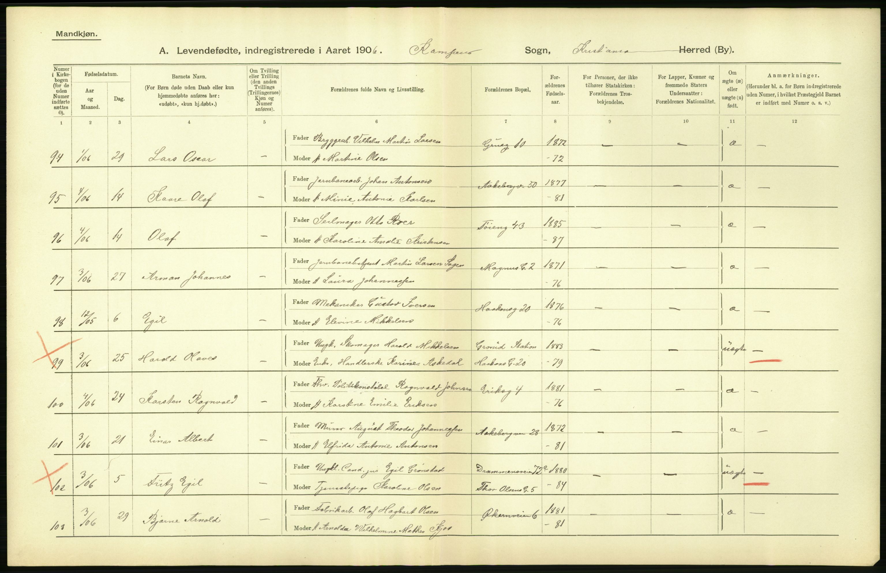 Statistisk sentralbyrå, Sosiodemografiske emner, Befolkning, AV/RA-S-2228/D/Df/Dfa/Dfad/L0007: Kristiania: Levendefødte menn og kvinner., 1906, p. 714