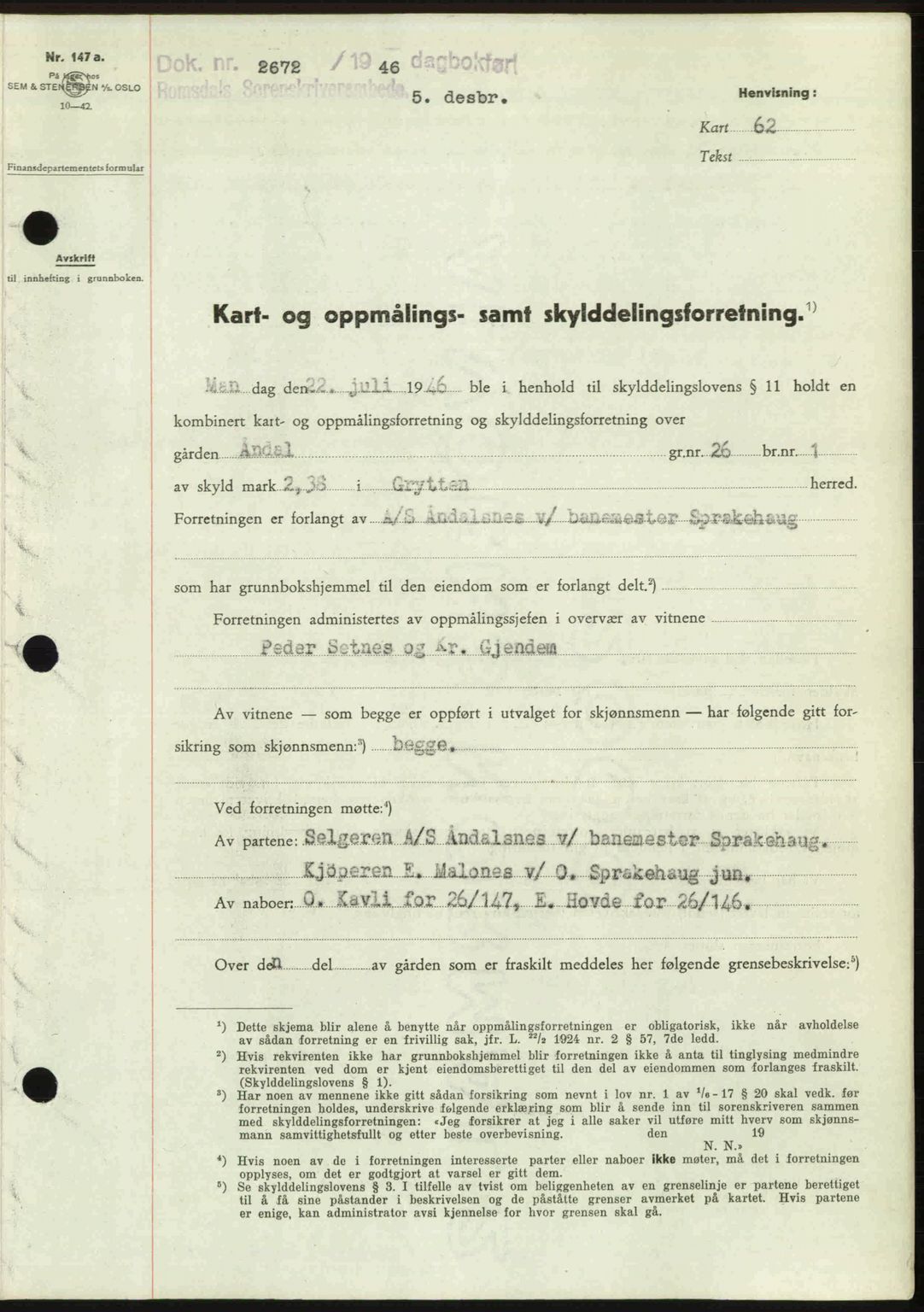 Romsdal sorenskriveri, AV/SAT-A-4149/1/2/2C: Mortgage book no. A21, 1946-1946, Diary no: : 2672/1946