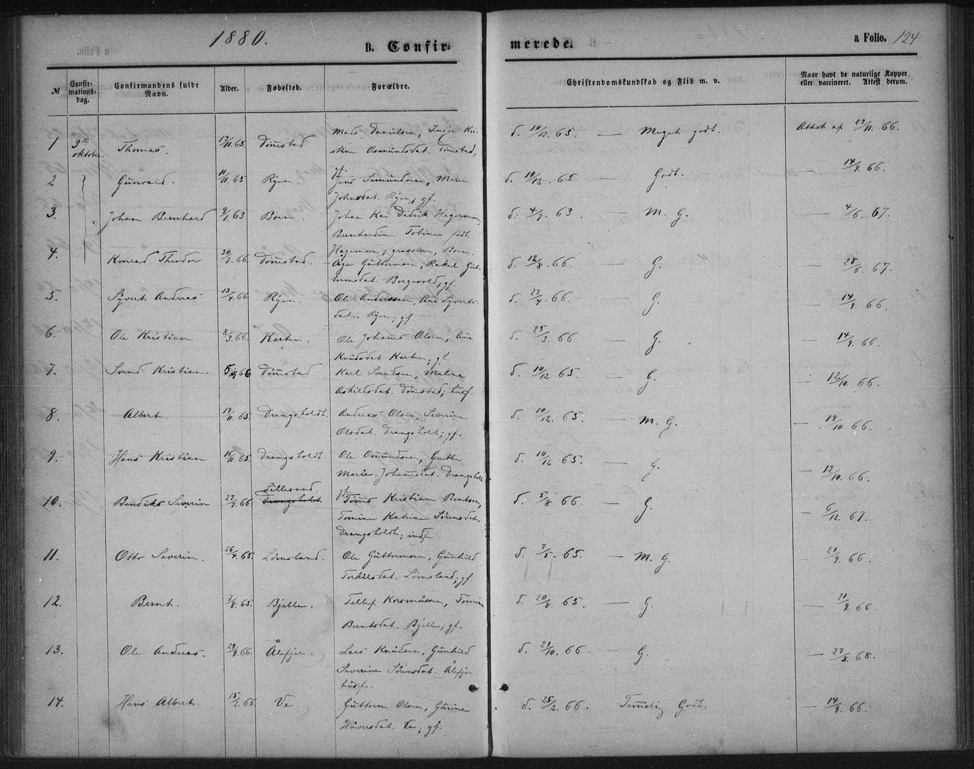 Tveit sokneprestkontor, SAK/1111-0043/F/Fa/L0006: Parish register (official) no. A 6, 1872-1886, p. 124