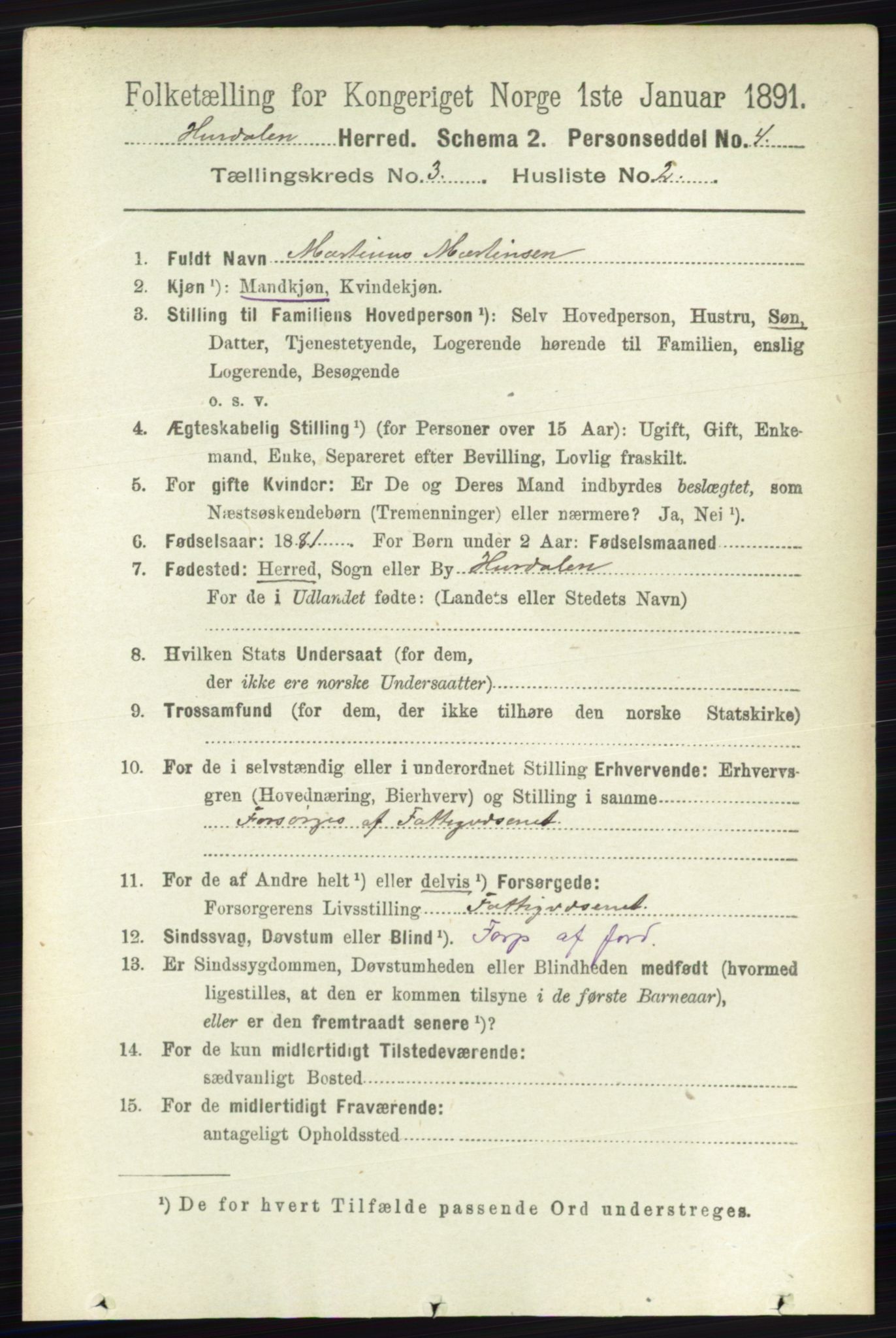 RA, 1891 census for 0239 Hurdal, 1891, p. 1039