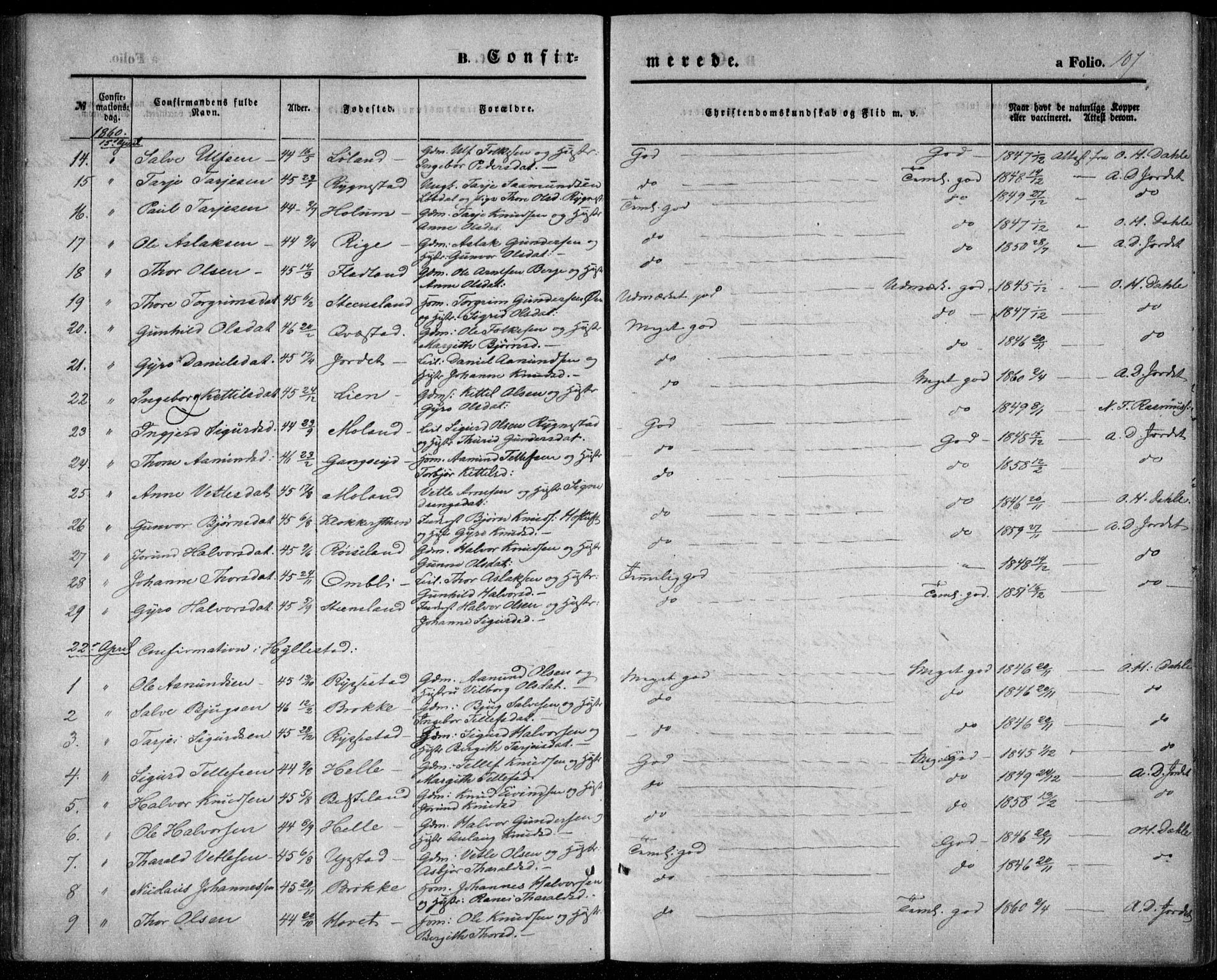 Valle sokneprestkontor, SAK/1111-0044/F/Fa/Fac/L0007: Parish register (official) no. A 7, 1854-1868, p. 107