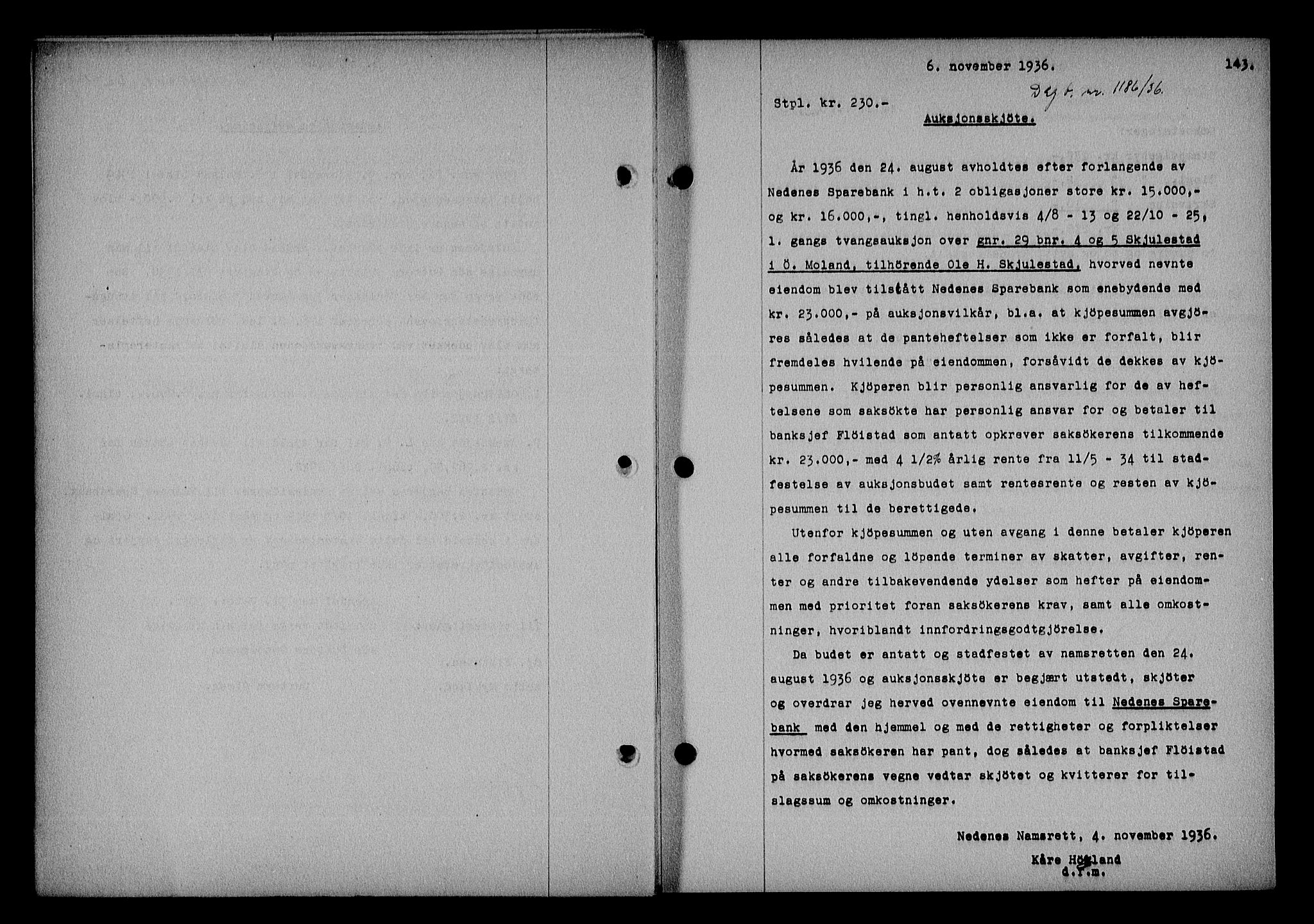 Nedenes sorenskriveri, SAK/1221-0006/G/Gb/Gba/L0043: Mortgage book no. 39, 1936-1937, Diary no: : 1186/1936