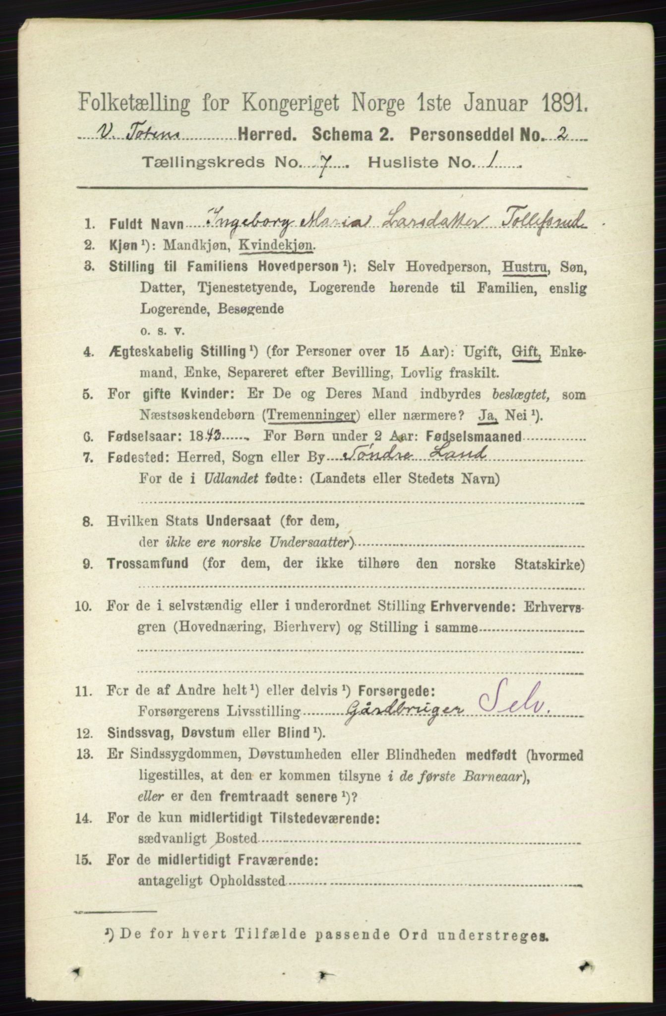 RA, 1891 census for 0529 Vestre Toten, 1891, p. 4376