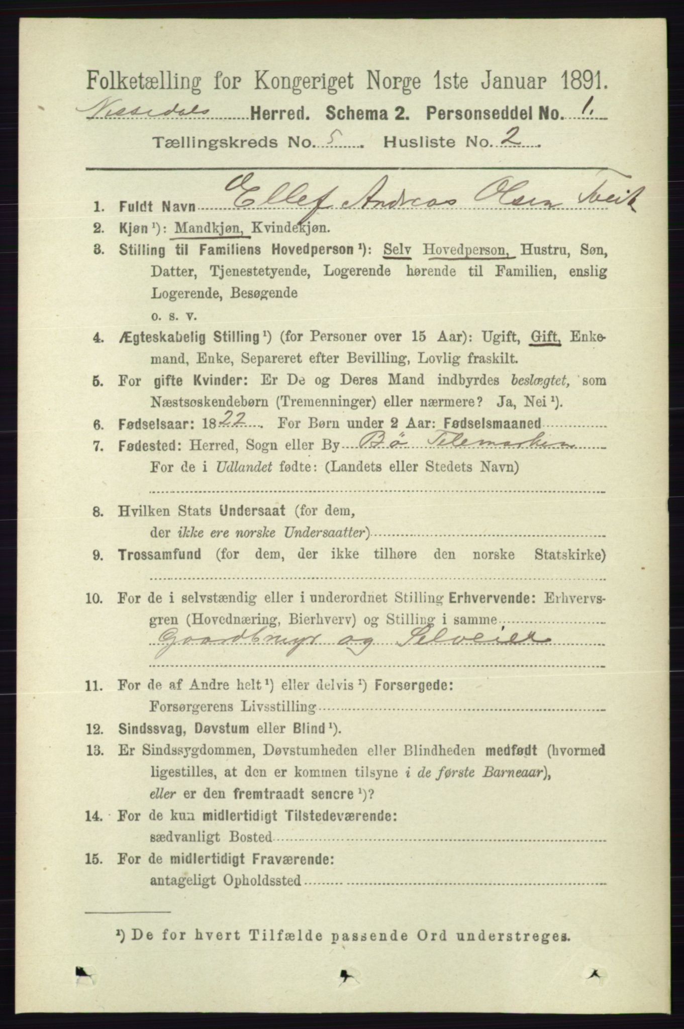 RA, 1891 census for 0830 Nissedal, 1891, p. 1105