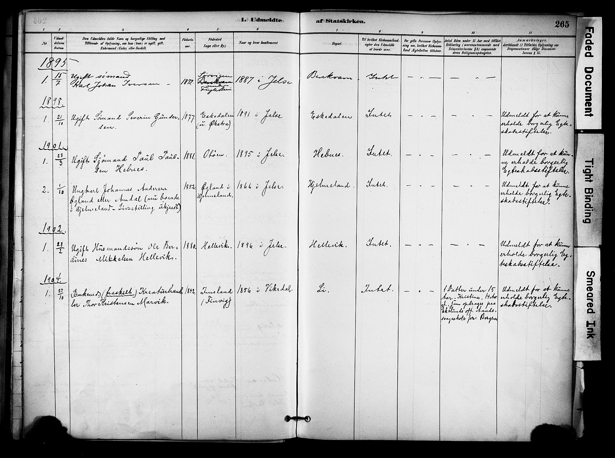 Jelsa sokneprestkontor, SAST/A-101842/01/IV: Parish register (official) no. A 10, 1884-1906, p. 265