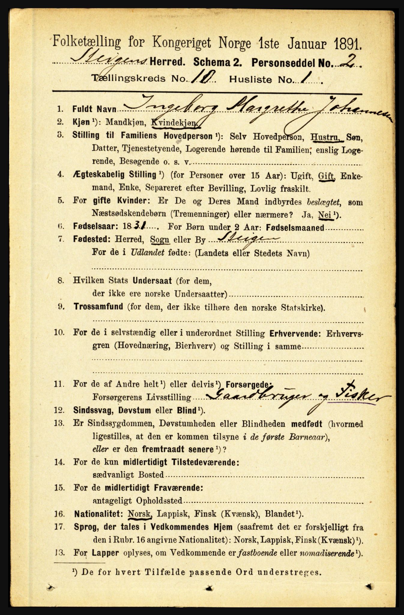 RA, 1891 census for 1848 Steigen, 1891, p. 3452