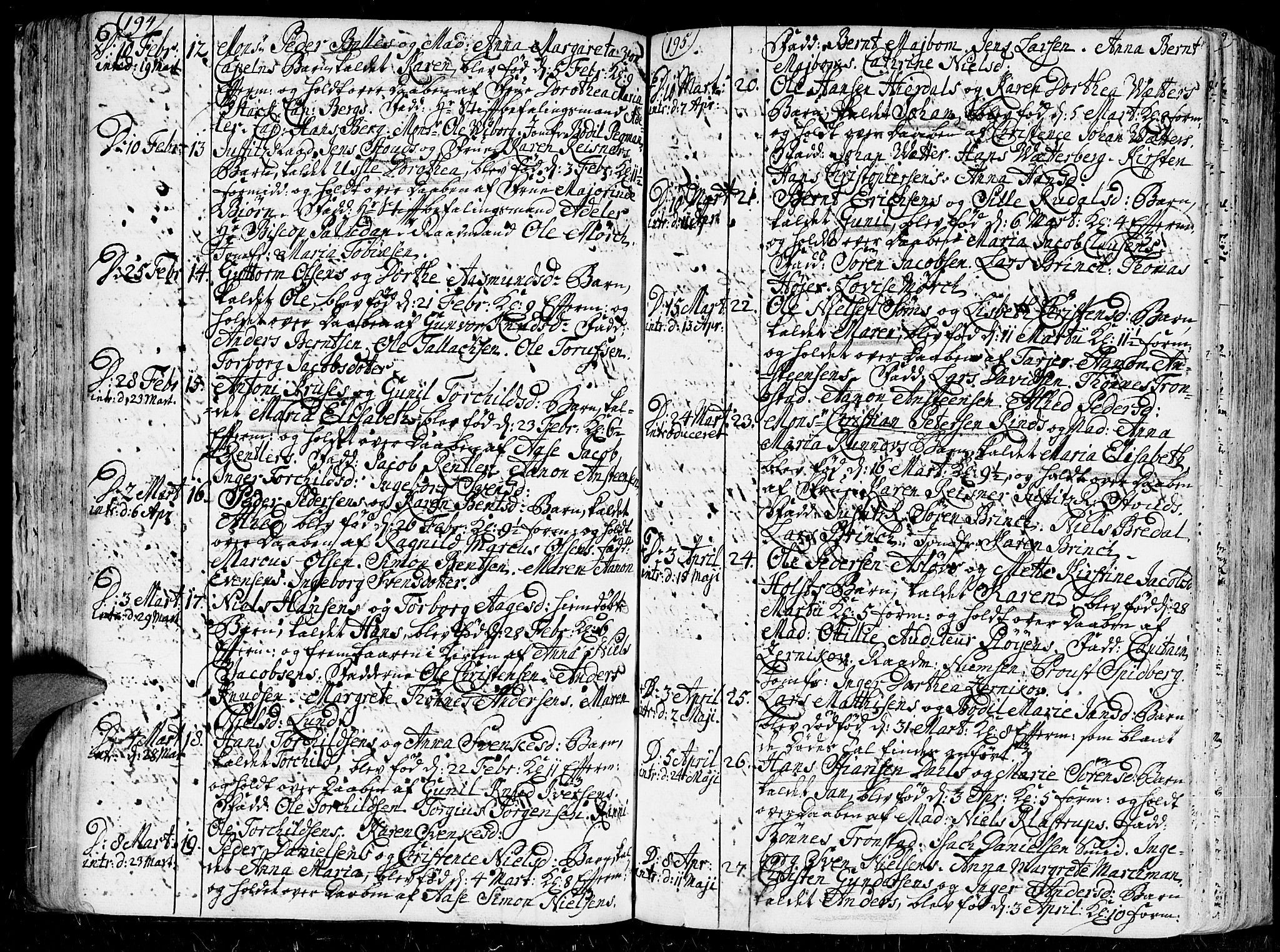 Kristiansand domprosti, SAK/1112-0006/F/Fa/L0001: Parish register (official) no. A 1, 1734-1793, p. 194-195