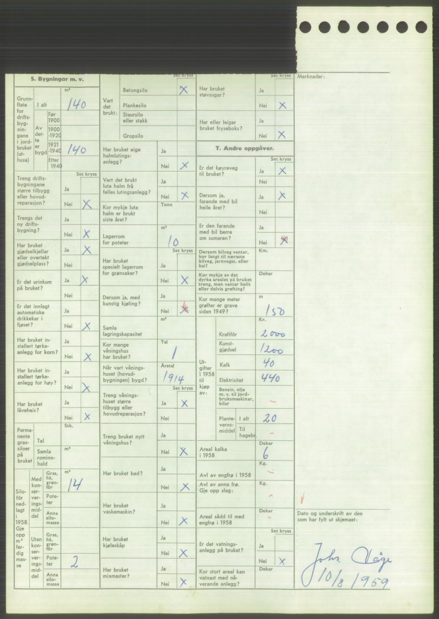 Statistisk sentralbyrå, Næringsøkonomiske emner, Jordbruk, skogbruk, jakt, fiske og fangst, AV/RA-S-2234/G/Gd/L0373: Rogaland: 1130 Strand (kl. 1-2), 1131 Årdal og 1132 Fister, 1959, p. 1266