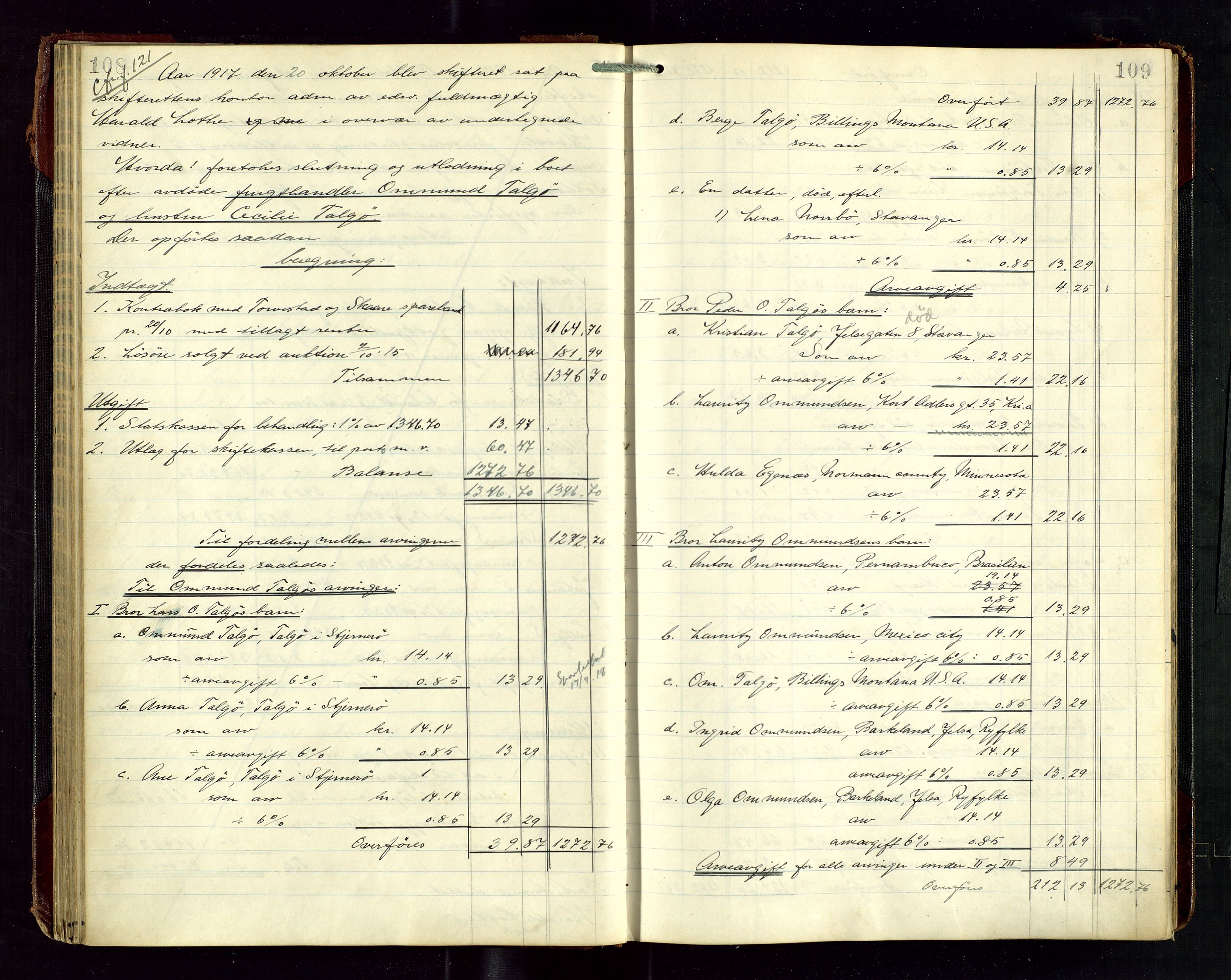 Haugesund tingrett, AV/SAST-A-101415/01/IV/IVD/L0003: Skifteutlodningsprotokoll, med register, 1915-1924, p. 108-109