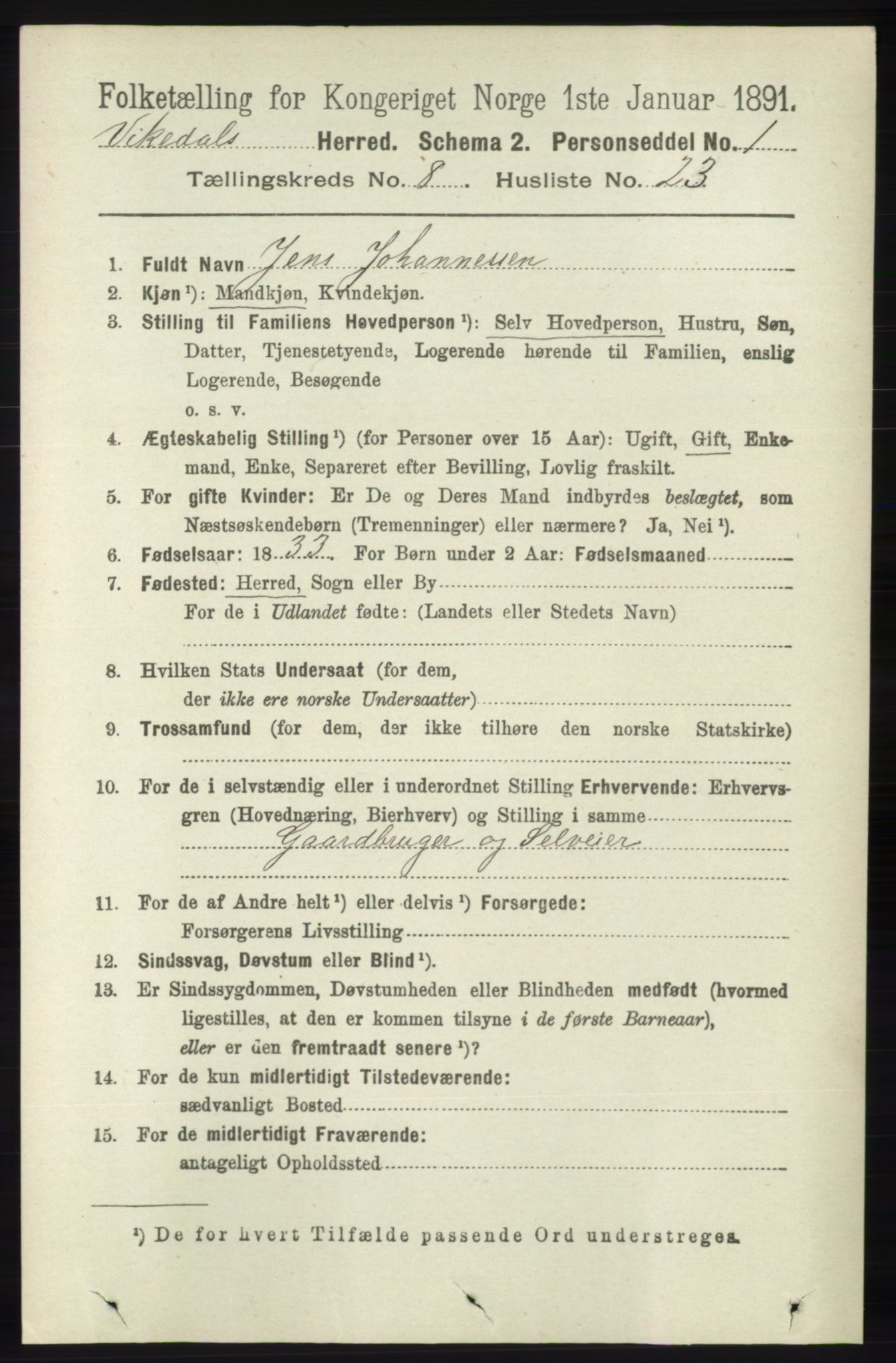 RA, 1891 census for 1157 Vikedal, 1891, p. 2329