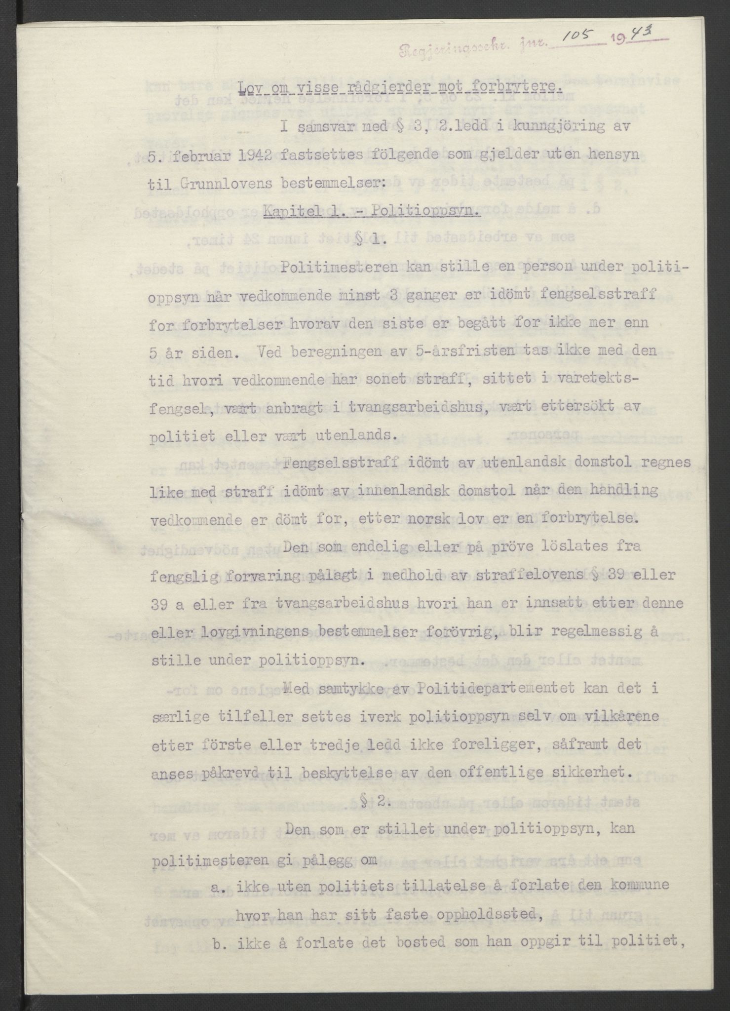 NS-administrasjonen 1940-1945 (Statsrådsekretariatet, de kommisariske statsråder mm), AV/RA-S-4279/D/Db/L0099: Lover, 1943, p. 243