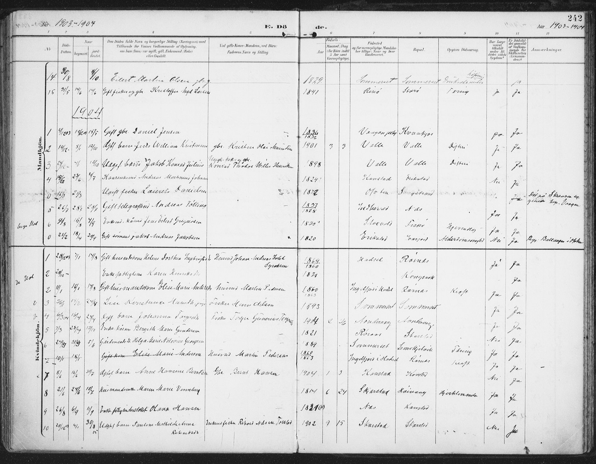 Ministerialprotokoller, klokkerbøker og fødselsregistre - Nordland, AV/SAT-A-1459/872/L1036: Parish register (official) no. 872A11, 1897-1913, p. 242