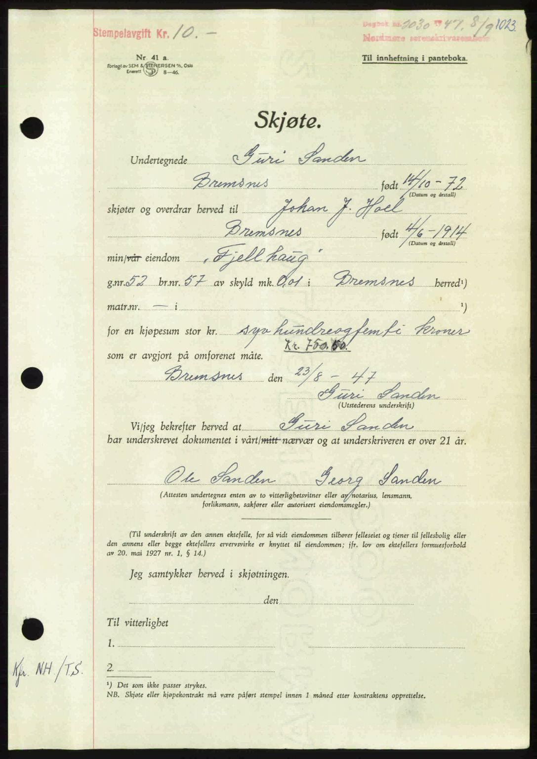 Nordmøre sorenskriveri, AV/SAT-A-4132/1/2/2Ca: Mortgage book no. A105, 1947-1947, Diary no: : 2030/1947