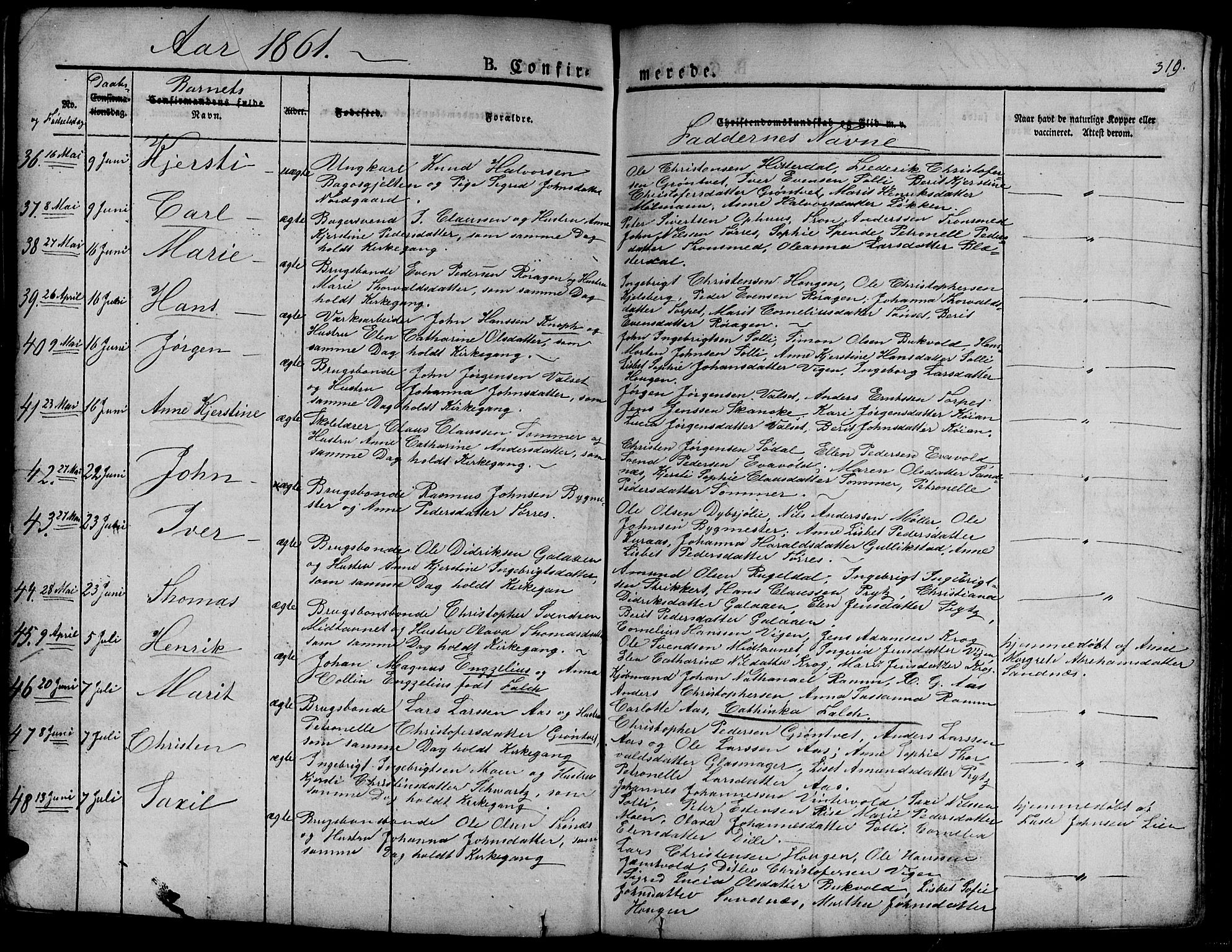 Ministerialprotokoller, klokkerbøker og fødselsregistre - Sør-Trøndelag, AV/SAT-A-1456/681/L0938: Parish register (copy) no. 681C02, 1829-1879, p. 319