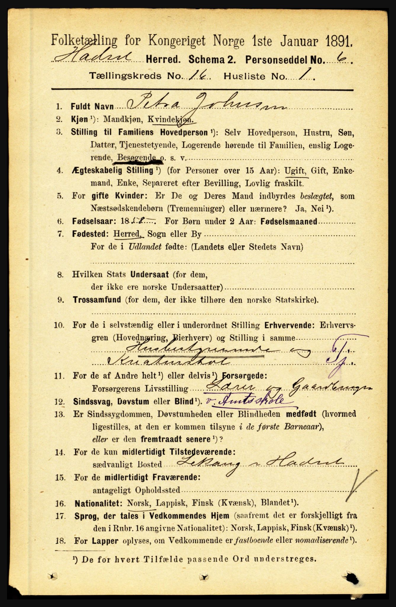 RA, 1891 census for 1866 Hadsel, 1891, p. 7277