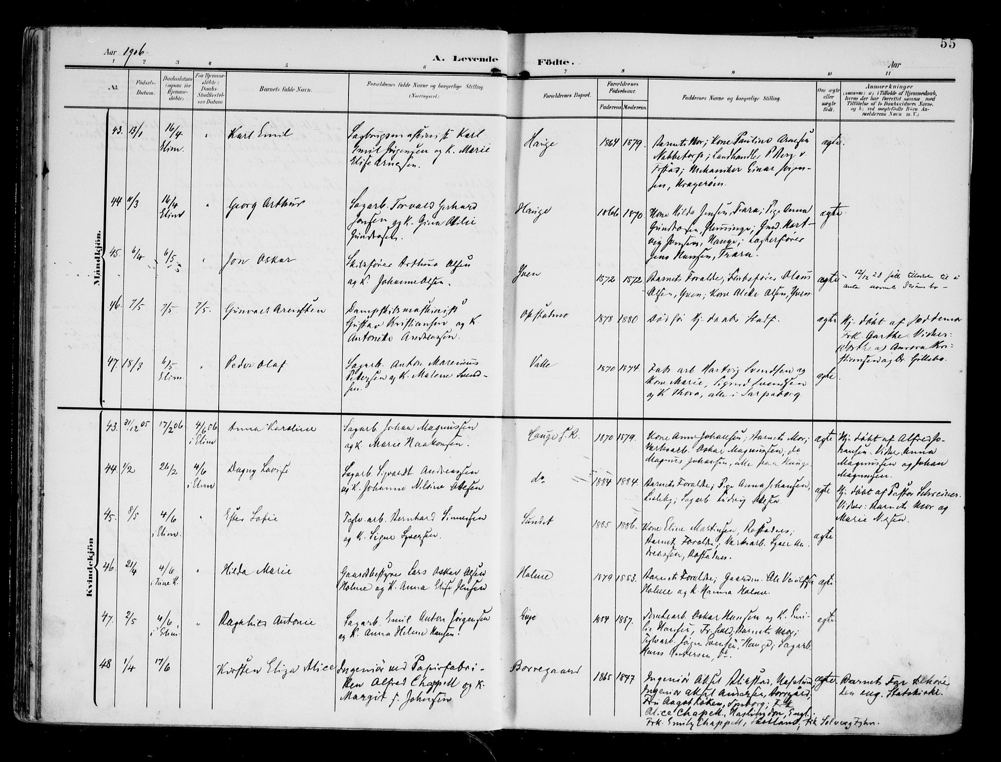 Tune prestekontor Kirkebøker, AV/SAO-A-2007/F/Fa/L0020: Parish register (official) no. 20, 1904-1909, p. 55
